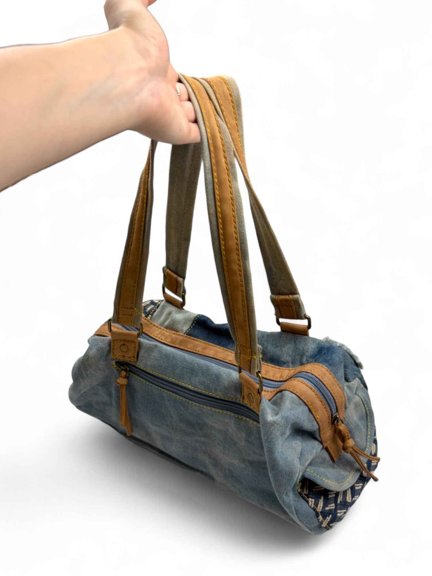 Denim graphic shoulder bag
