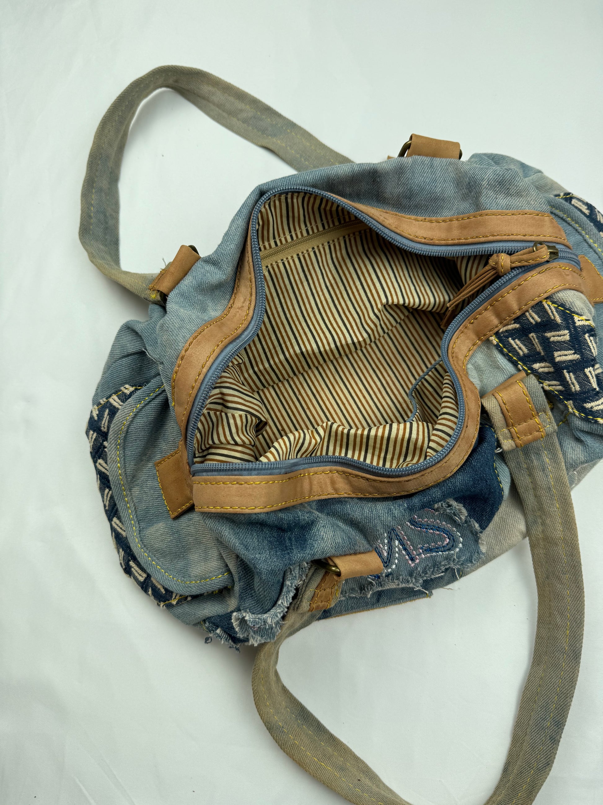 Denim graphic shoulder bag