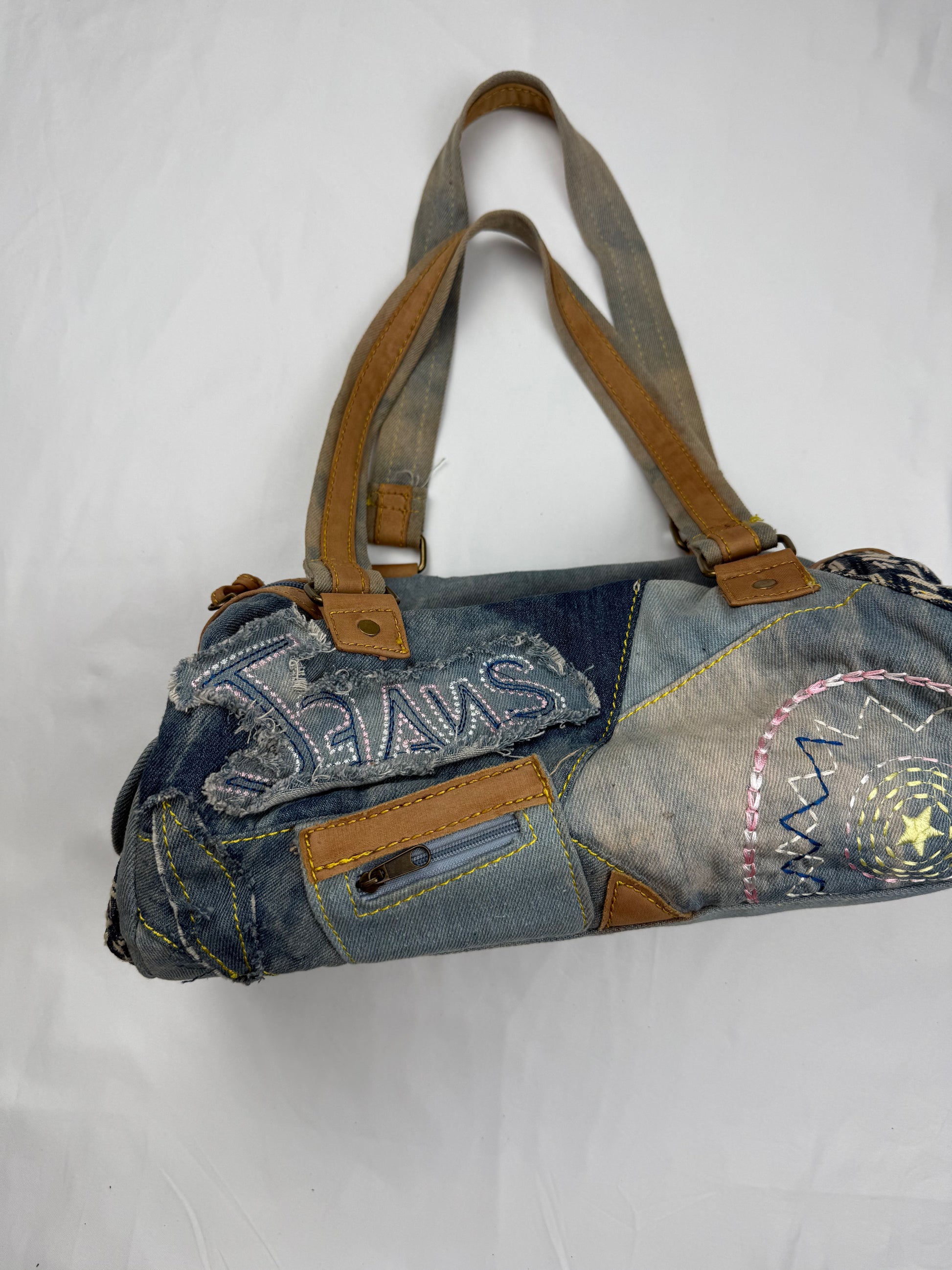 Denim graphic shoulder bag