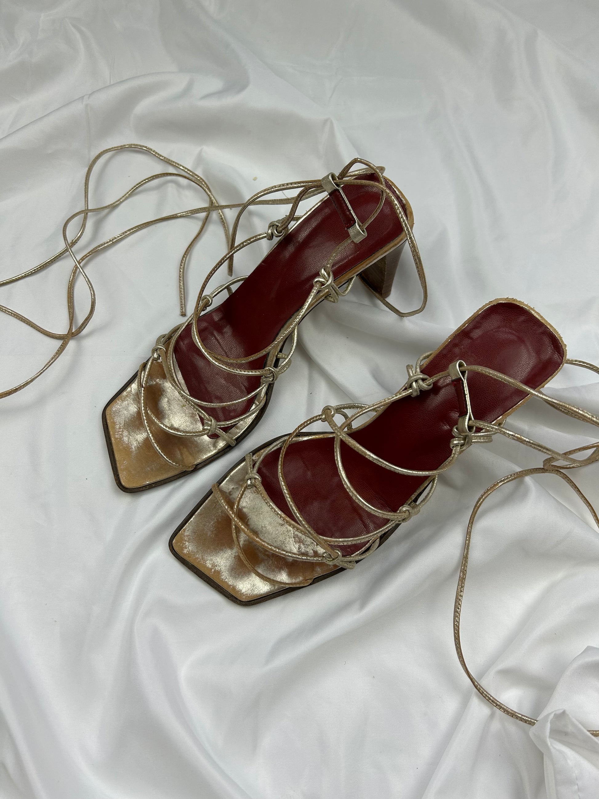 Gold lace up square toes 100% real leather heels sandals (38.5)