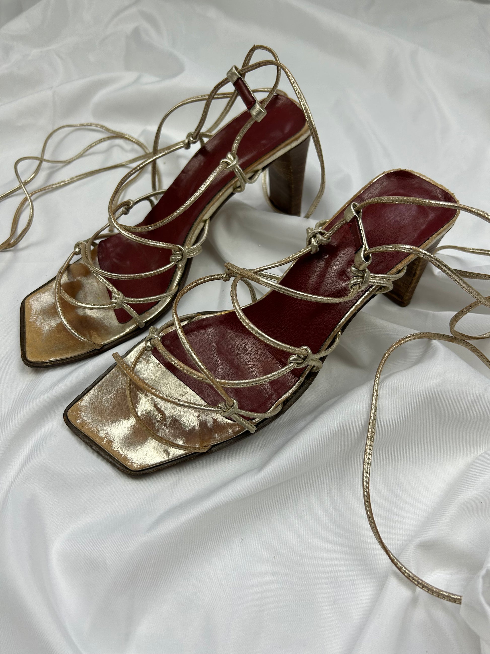 Gold lace up square toes 100% real leather heels sandals (38.5)