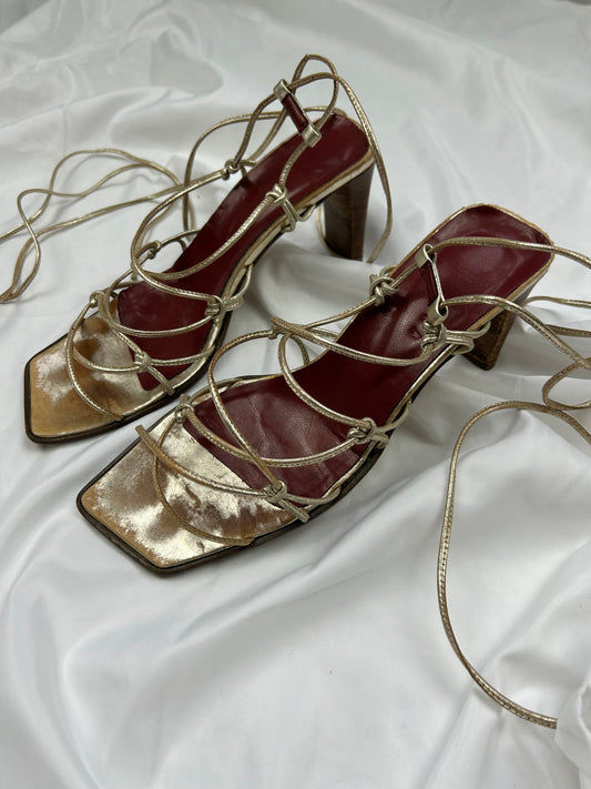 Gold lace up square toes 100% real leather heels sandals (38.5)