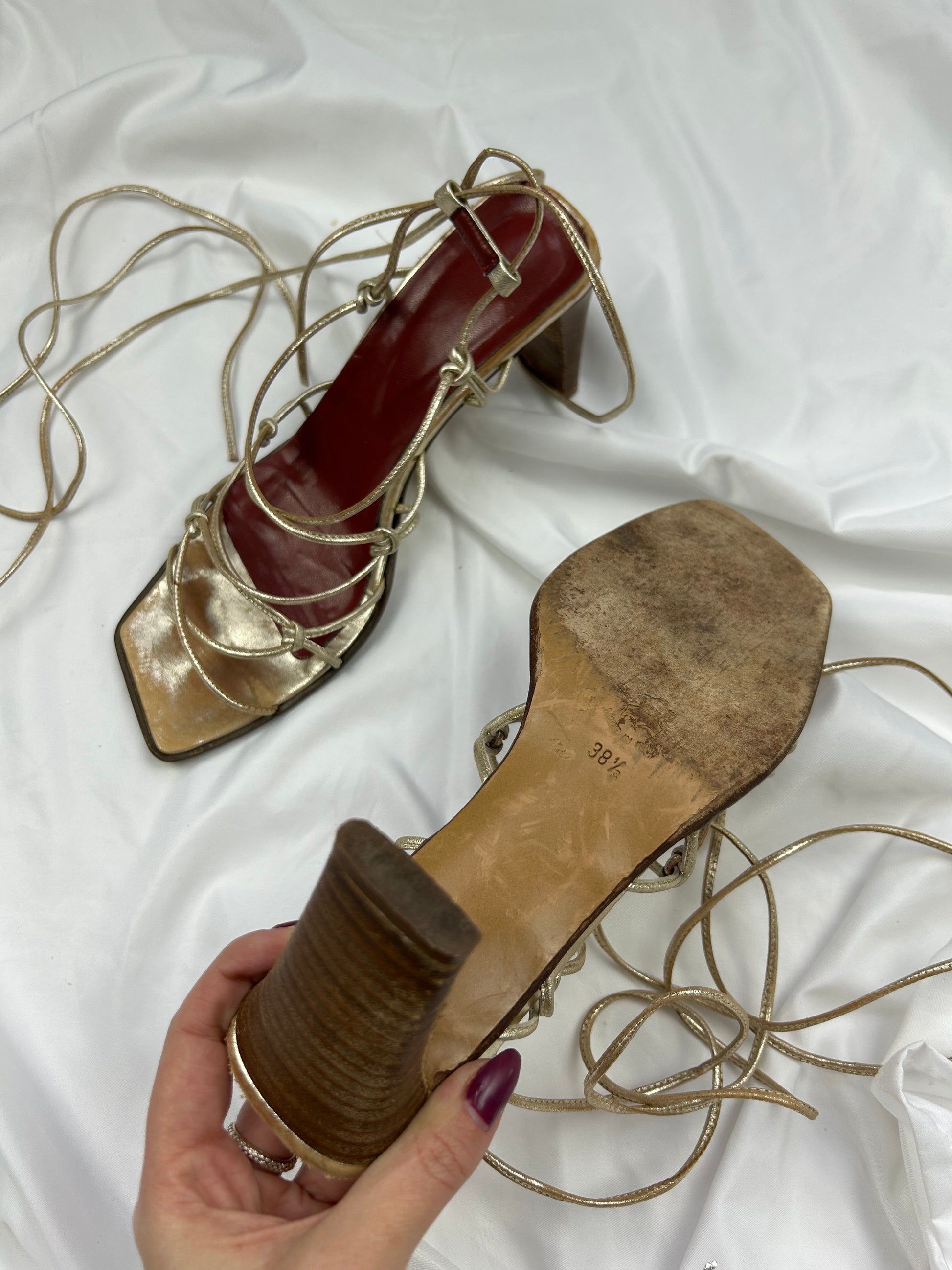 Gold lace up square toes 100% real leather heels sandals (38.5)