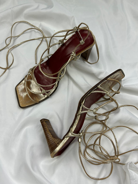 Gold lace up square toes 100% real leather heels sandals (38.5)