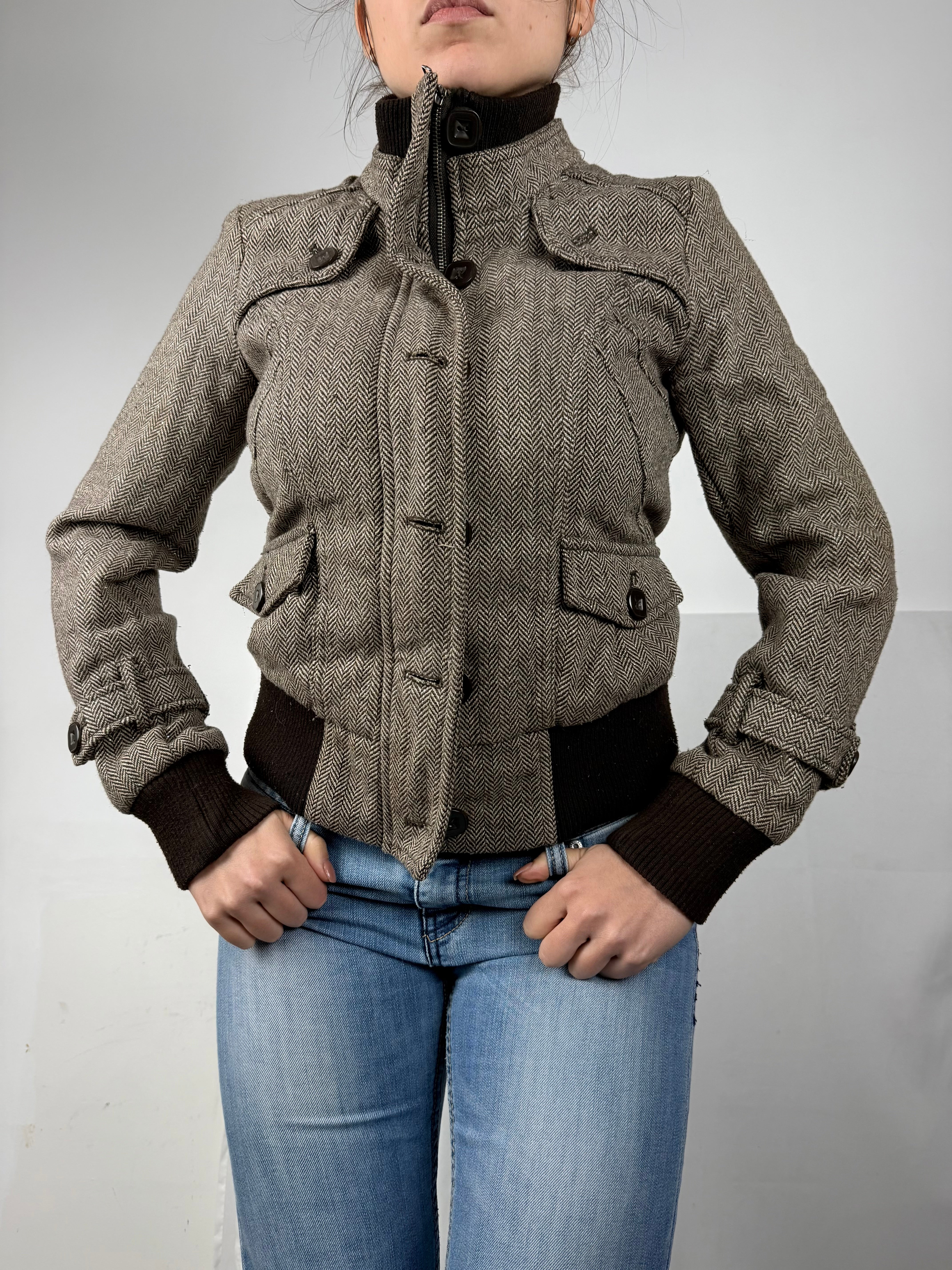 Brown check print biker jacket (M)