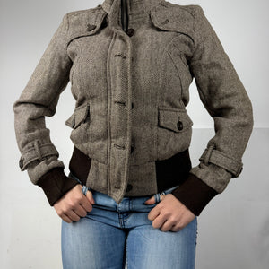 Brown check print biker jacket (M)