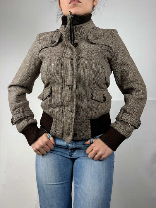 Brown check print biker jacket (M)