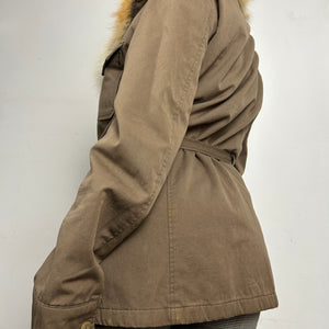 Khaki  y2k zip up real fur jacket (S)