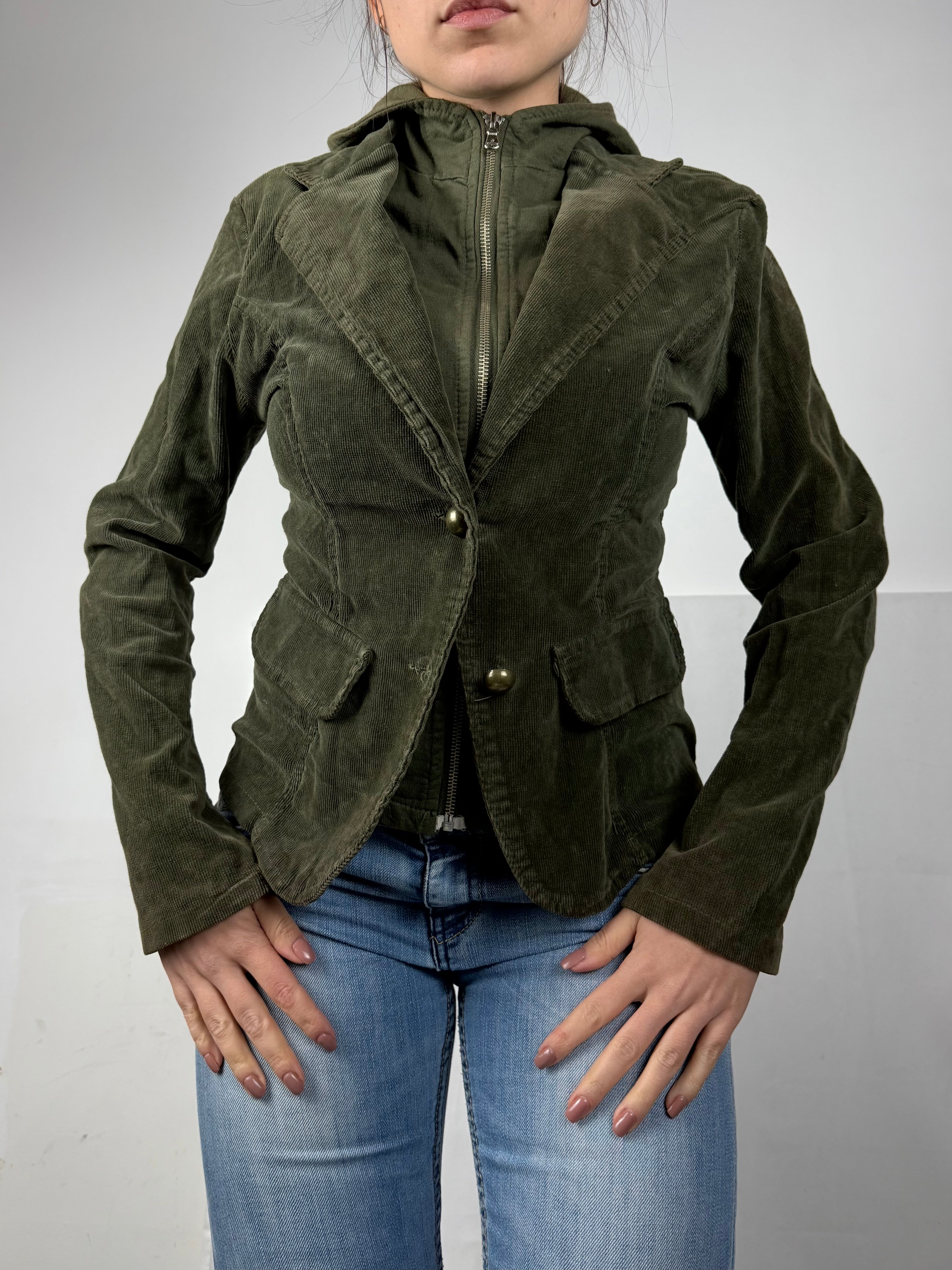Khaki zip up hooded biker jacket (S/M)