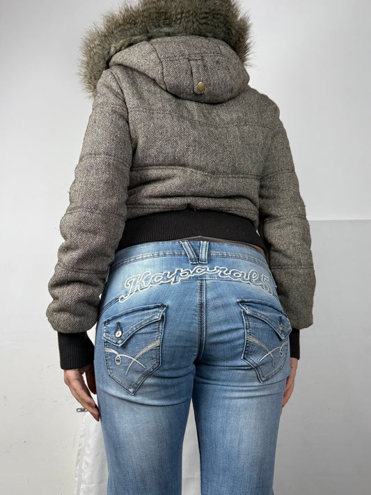 Beige hooded faux fur & wool puffer jacket (S)