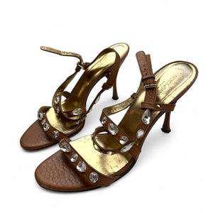 Brown real leather rhinestones heels (38)