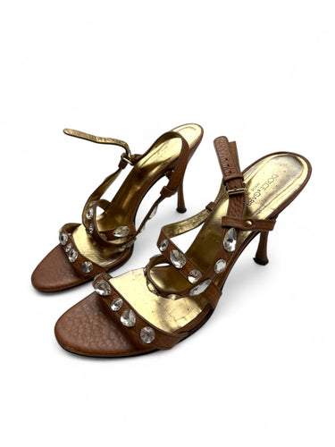 Brown real leather rhinestones heels (38)