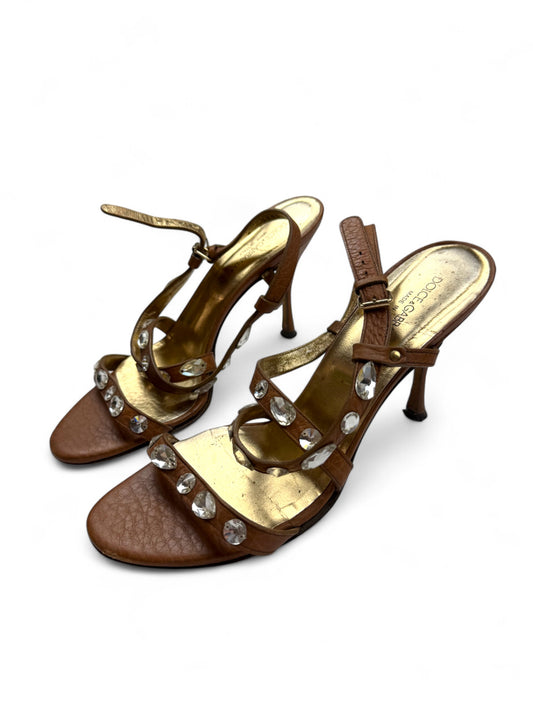 Brown real leather rhinestones heels (38)