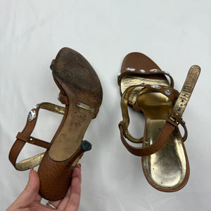 Brown real leather rhinestones heels (38)