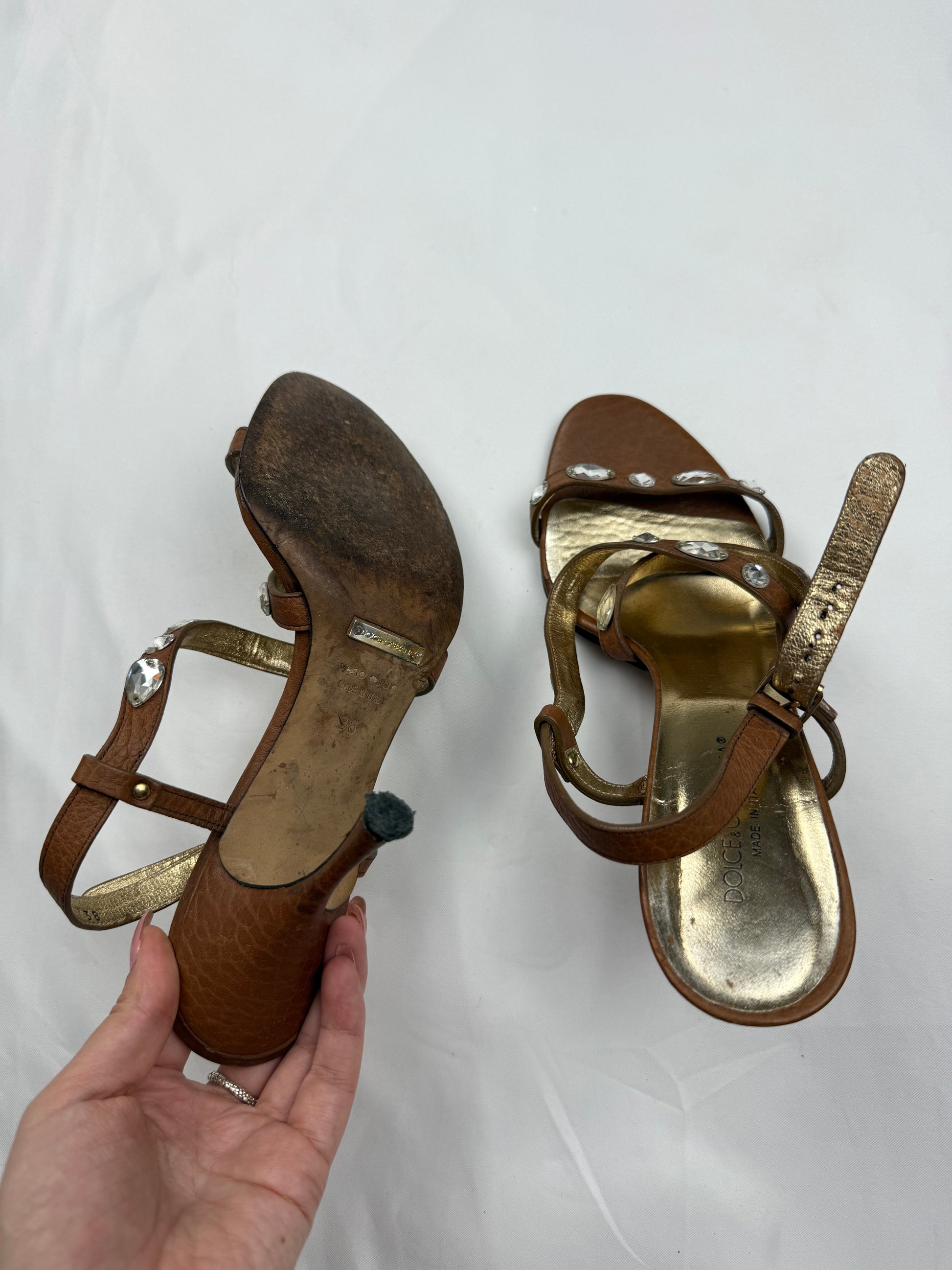 Brown real leather rhinestones heels (38)