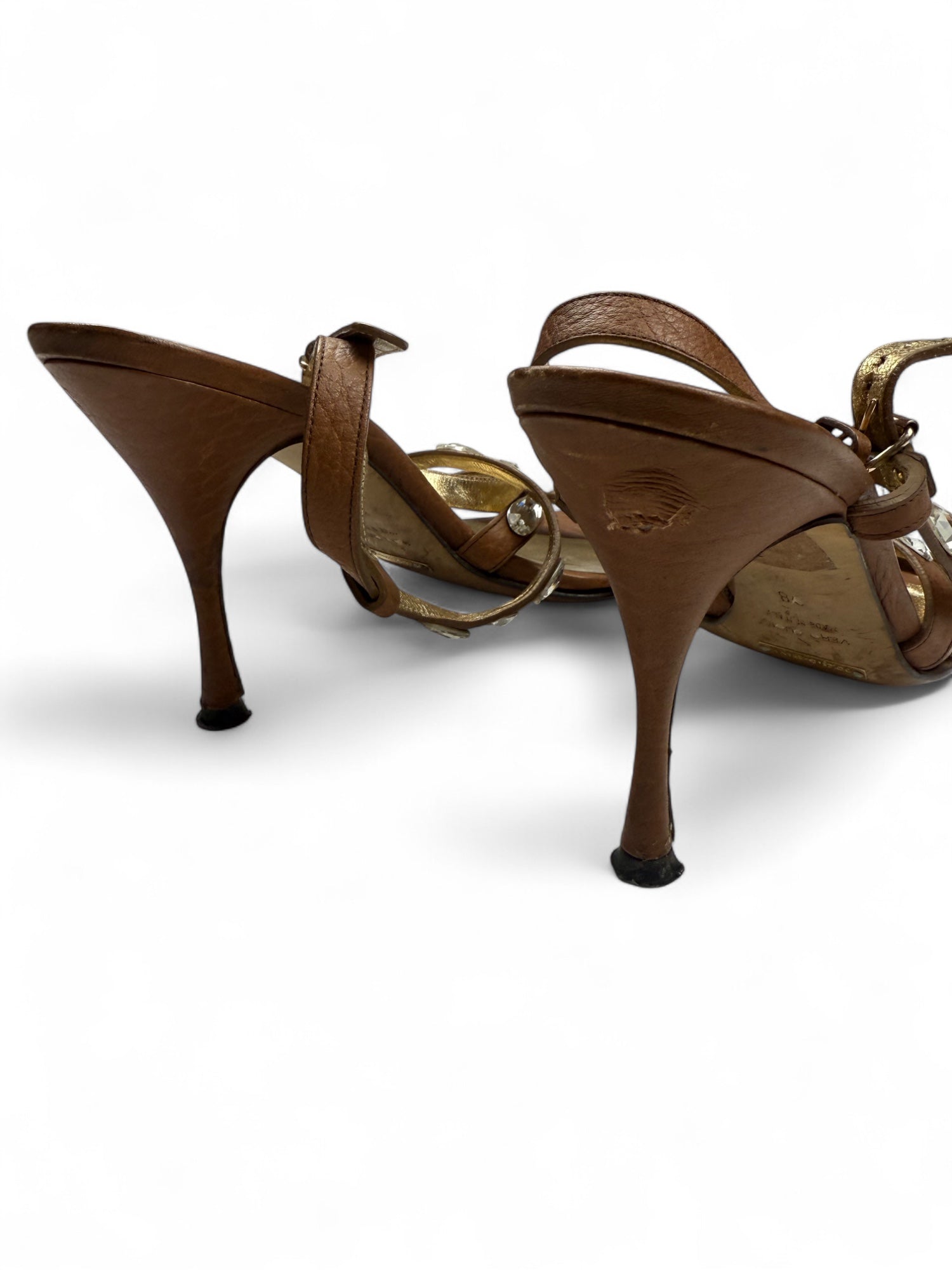 Brown real leather rhinestones heels (38)