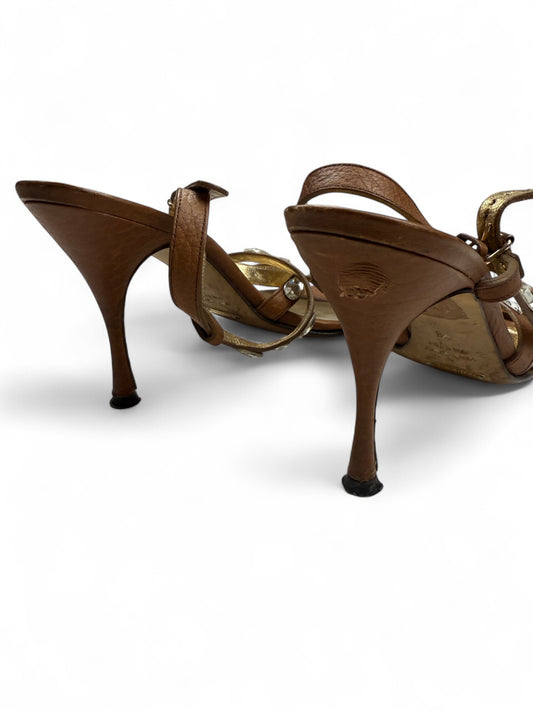 Brown real leather rhinestones heels (38)