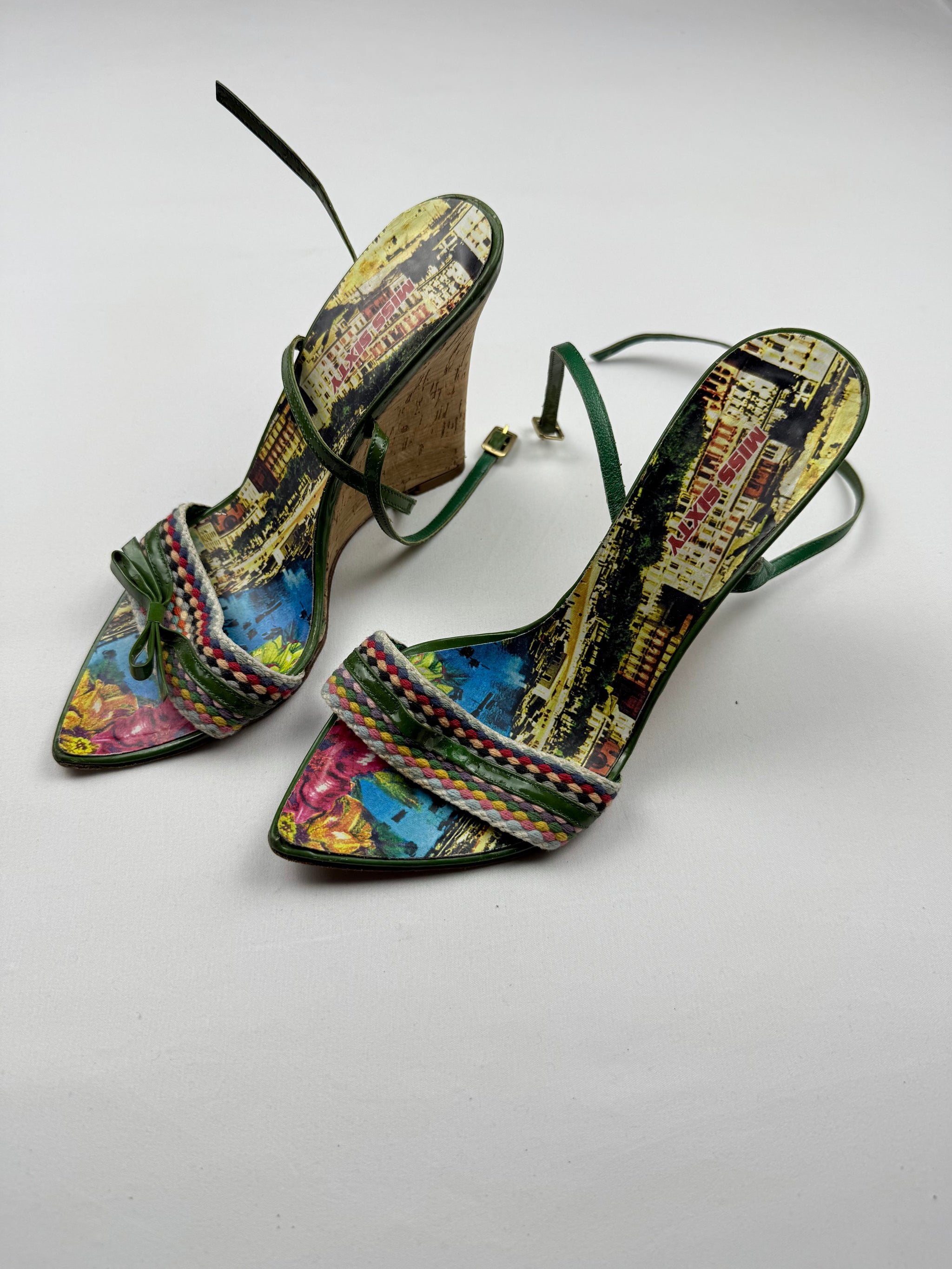 Green leather pointed toes wedge heels (37)
