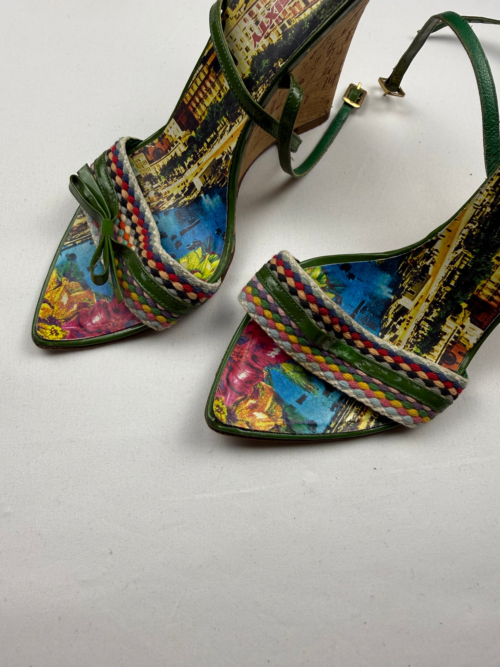 Green leather pointed toes wedge heels (37)