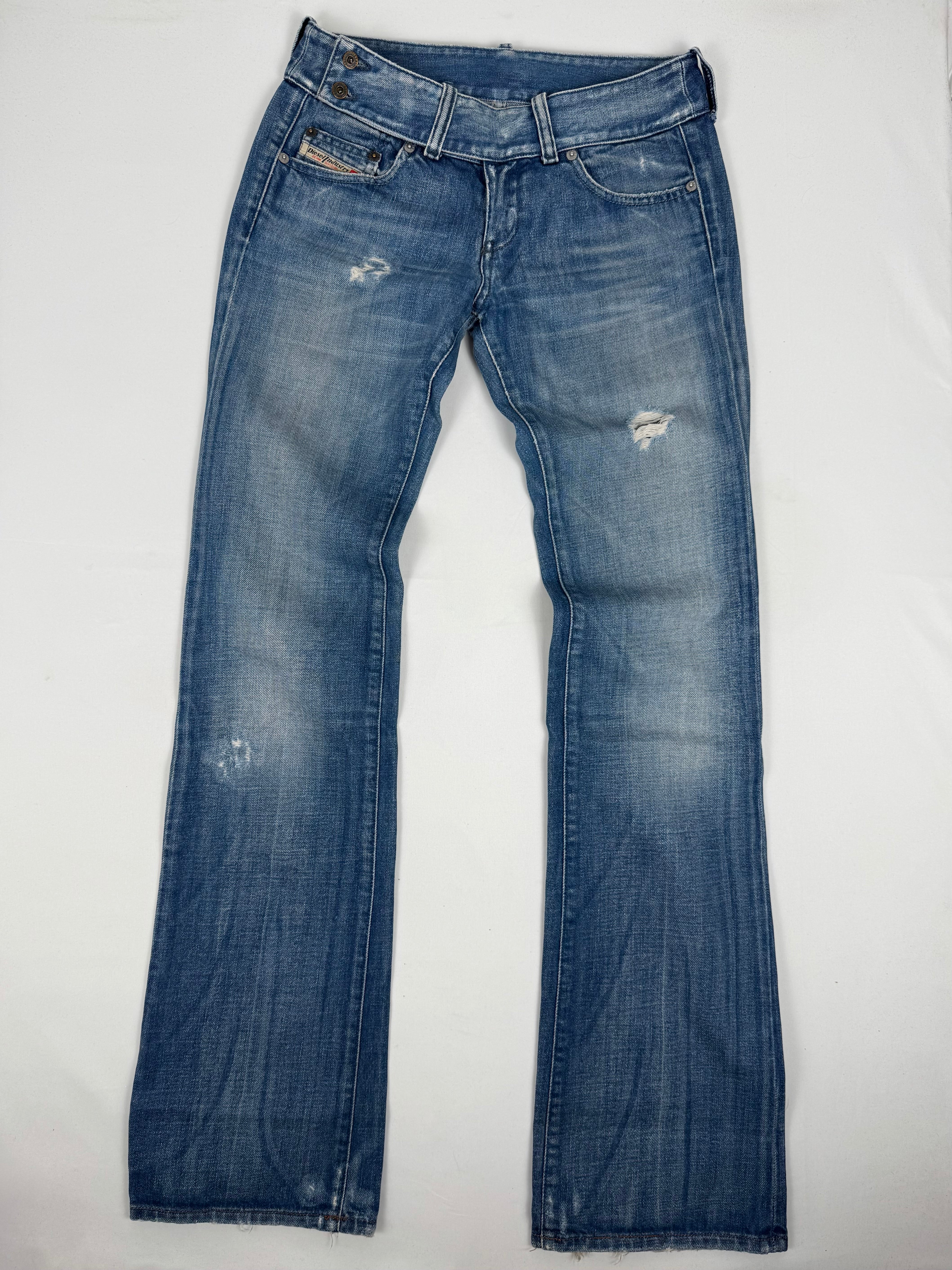 Blue denim low rise flare pants (XS)