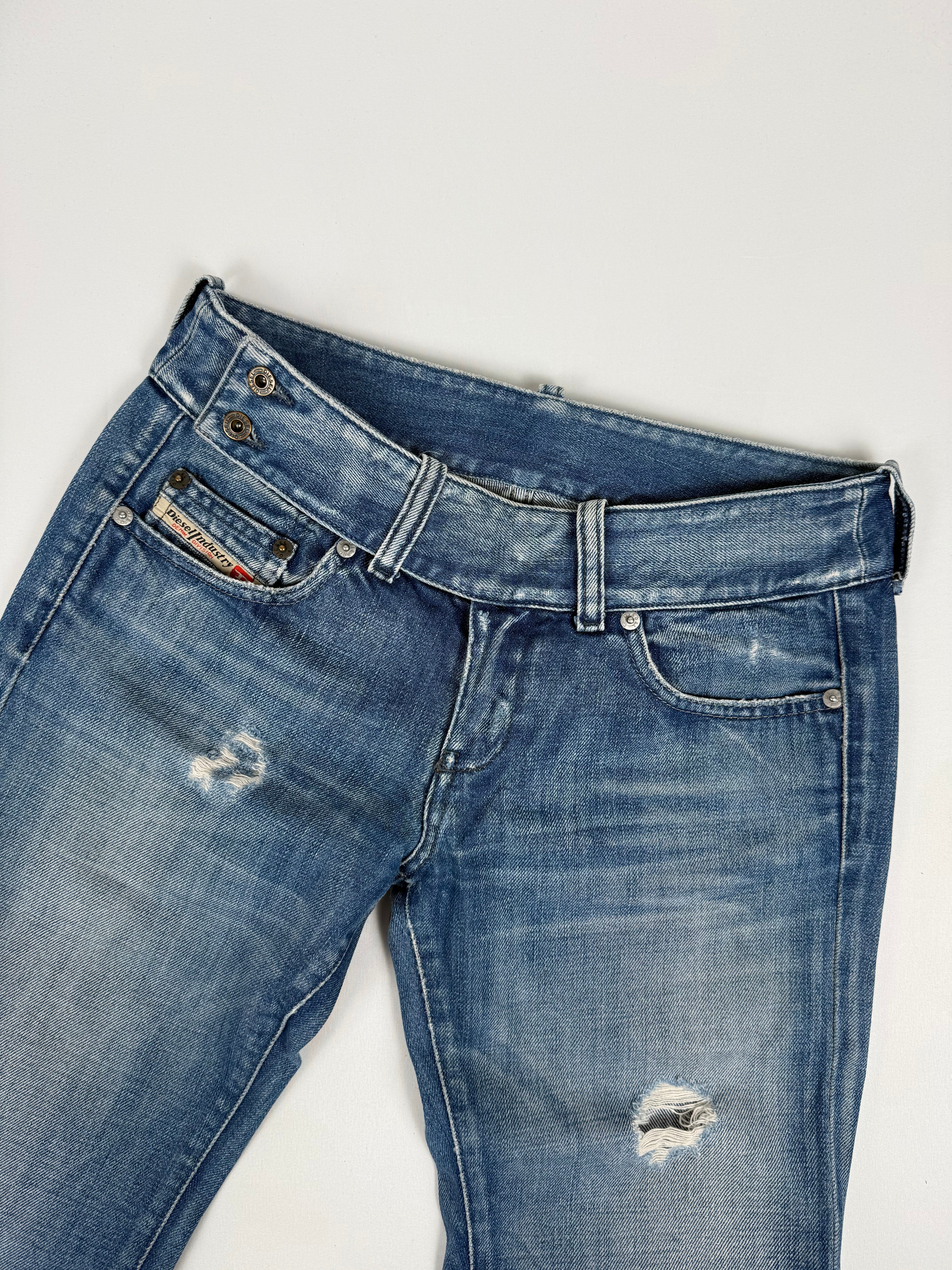 Blue denim low rise flare pants (XS)