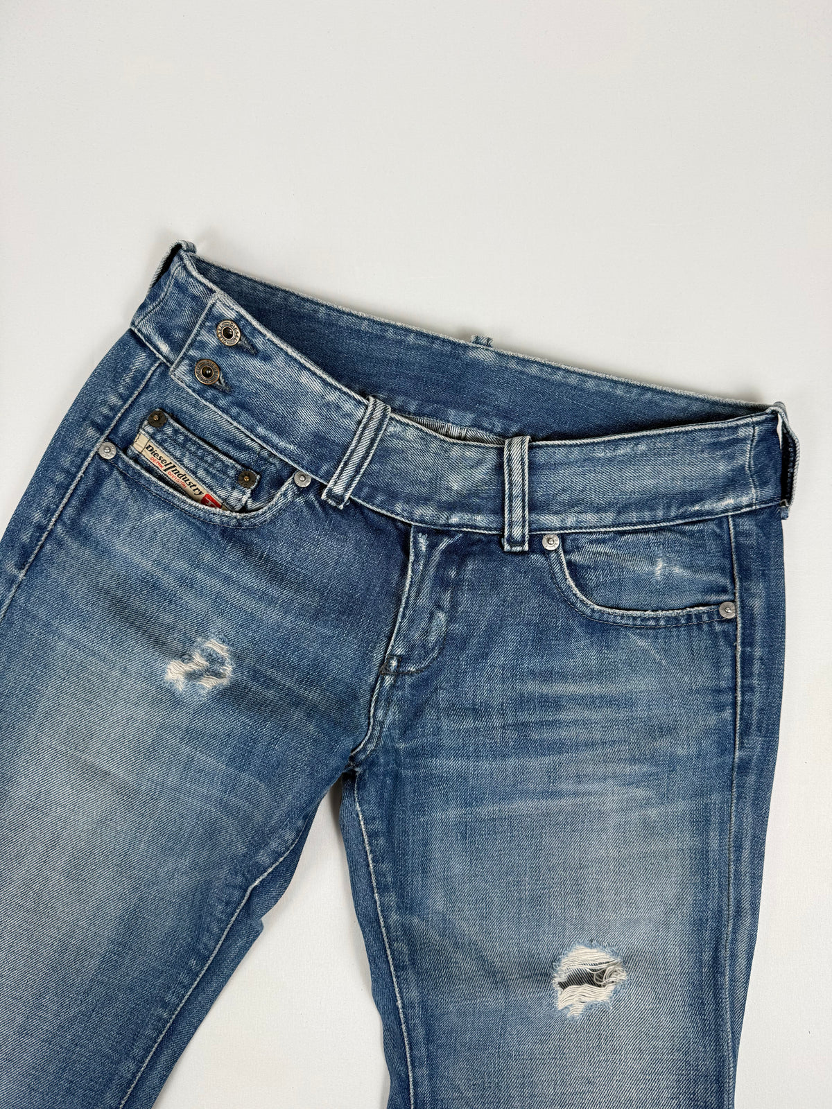 Blue denim low rise flare pants (XS)