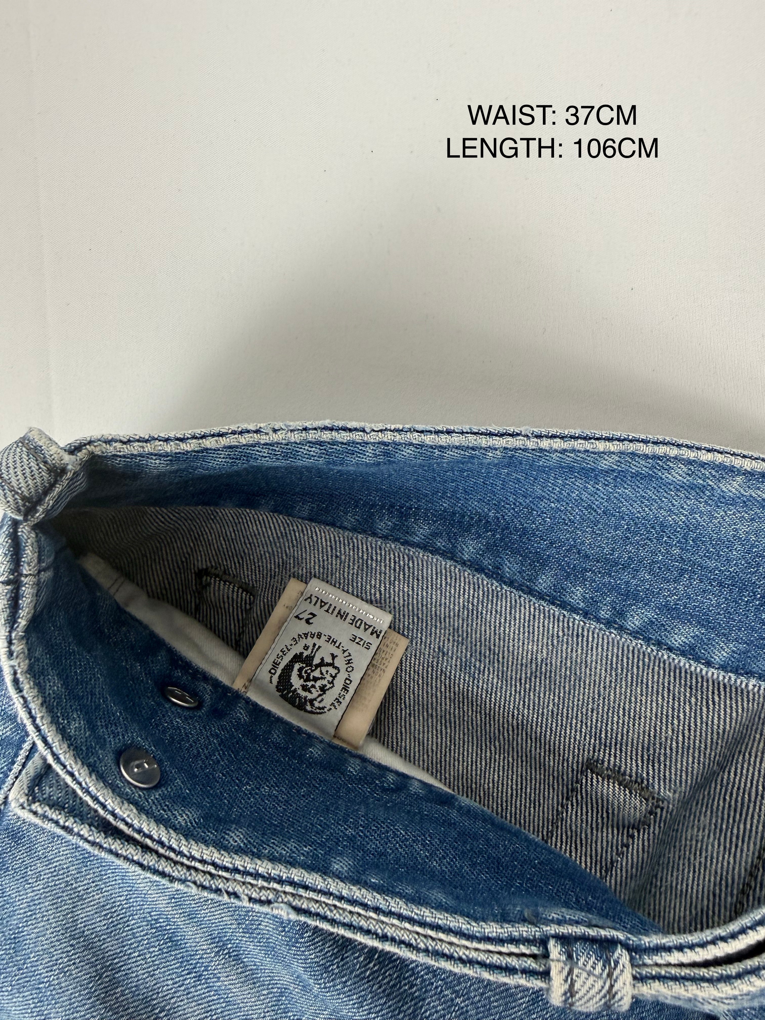 Blue denim low rise flare pants (XS)