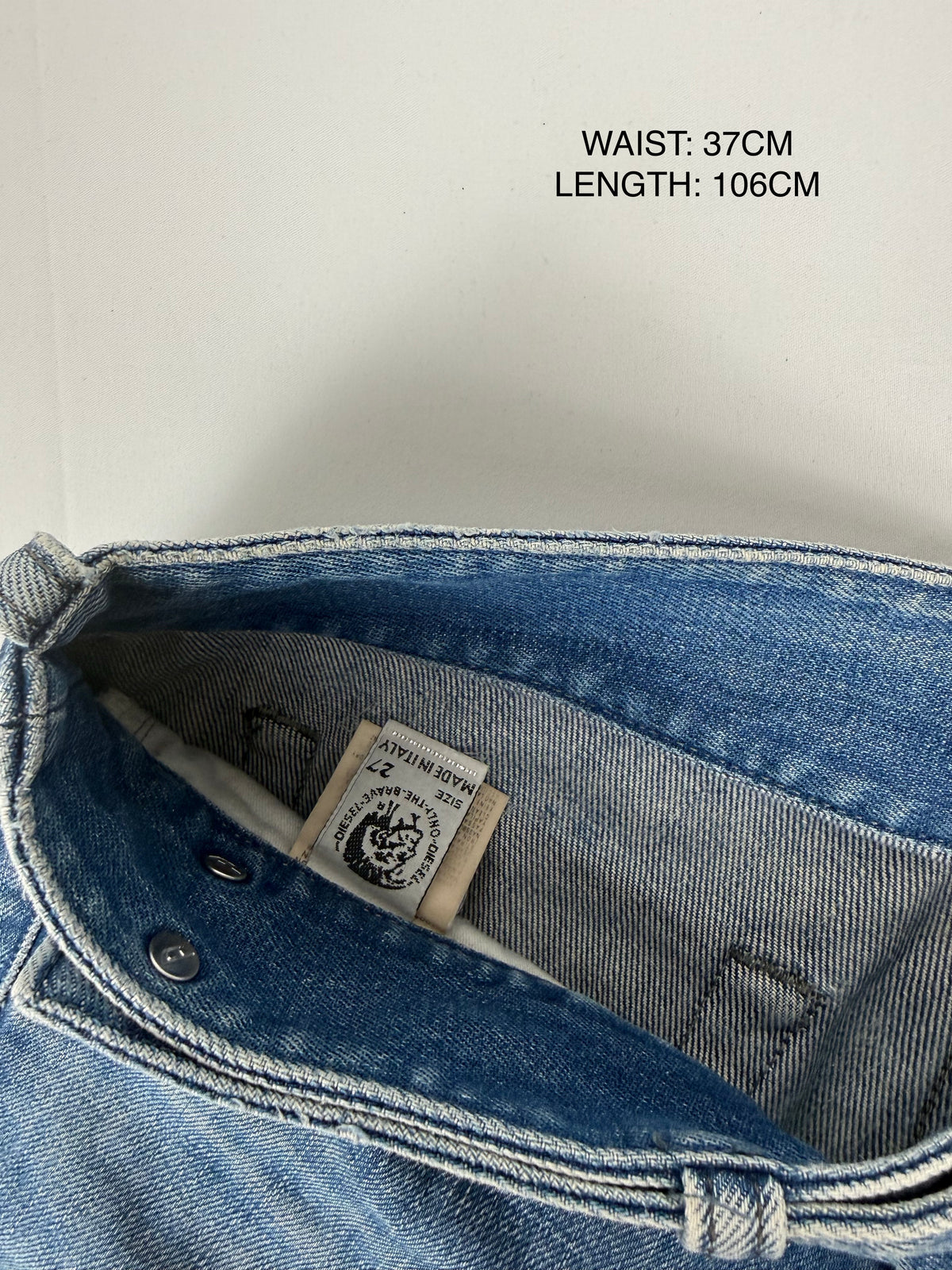 Blue denim low rise flare pants (XS)