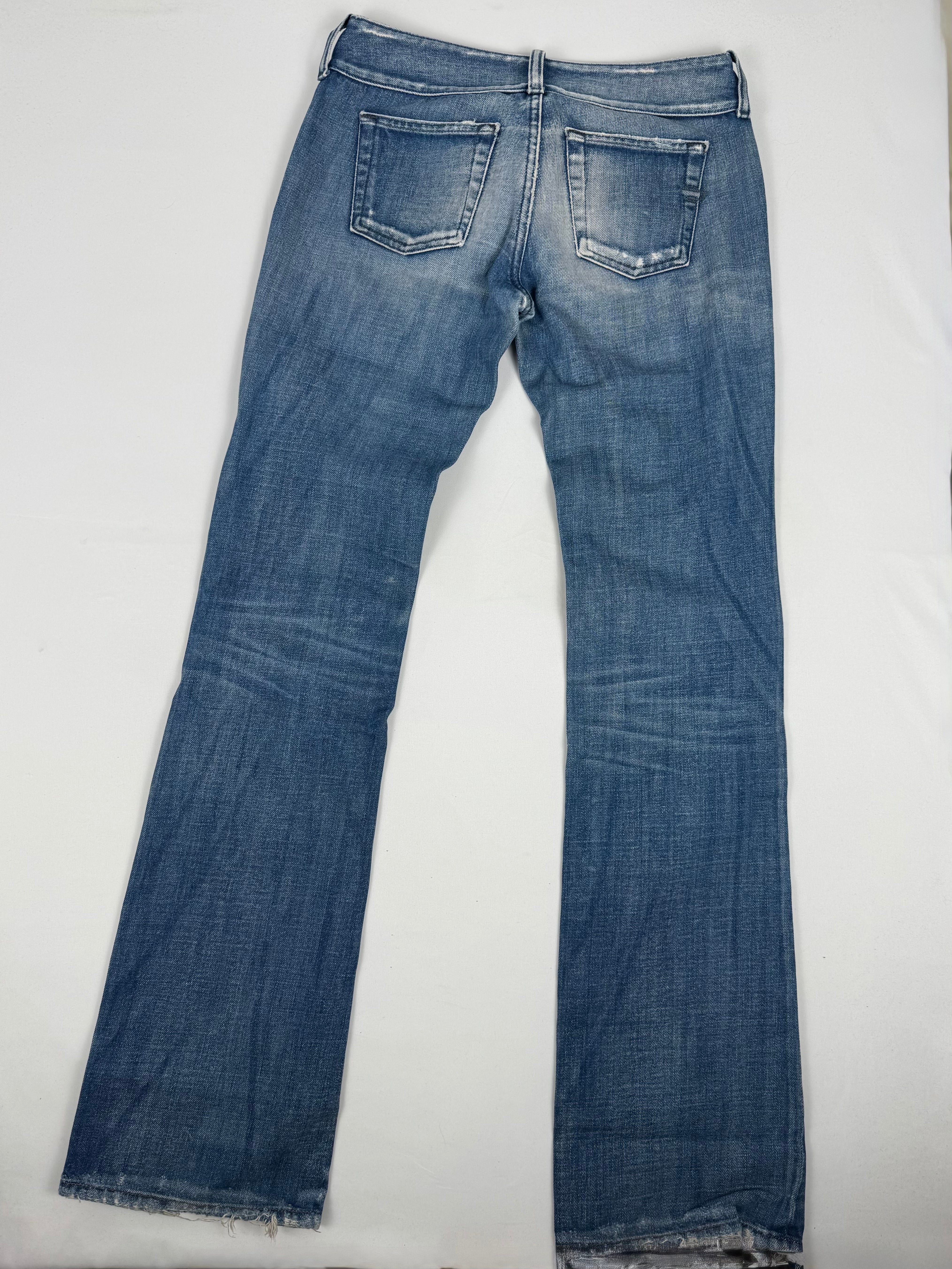 Blue denim low rise flare pants (XS)
