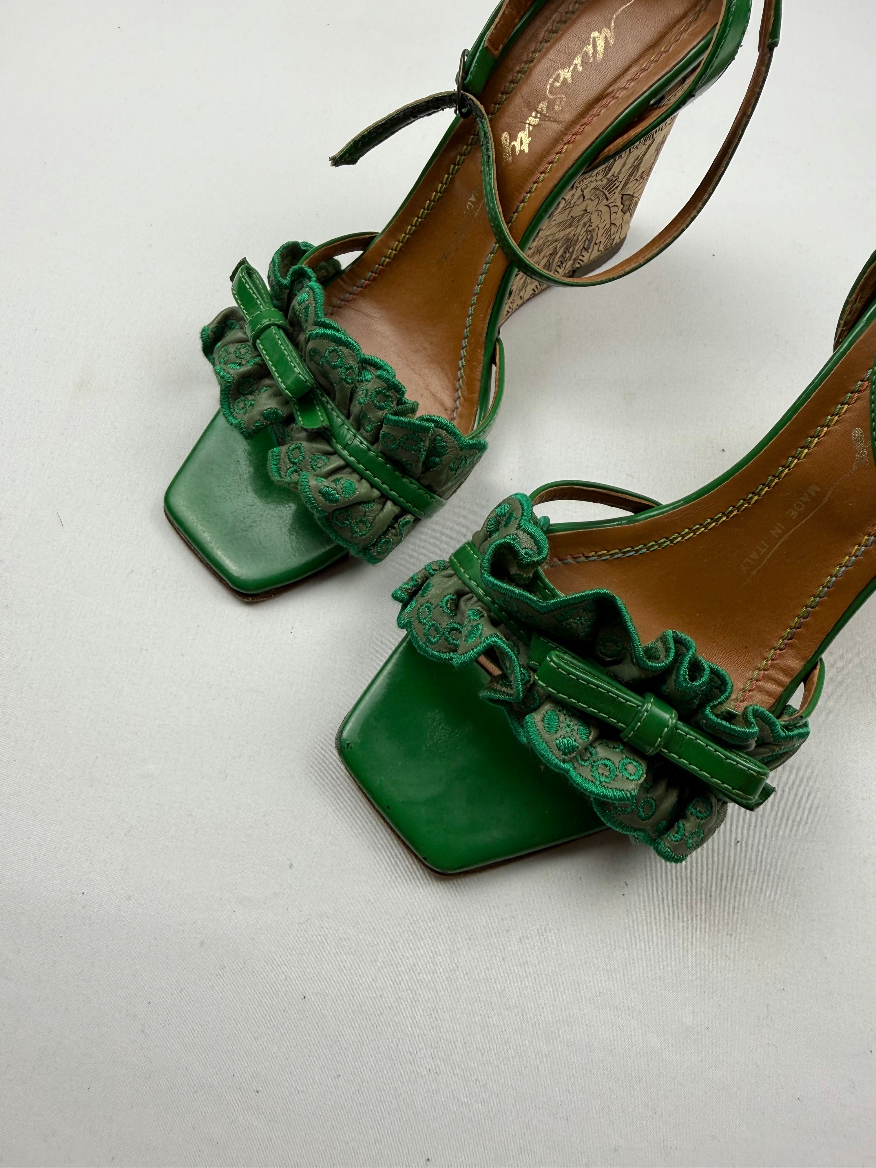 Green leather square toes wedge heels (36)