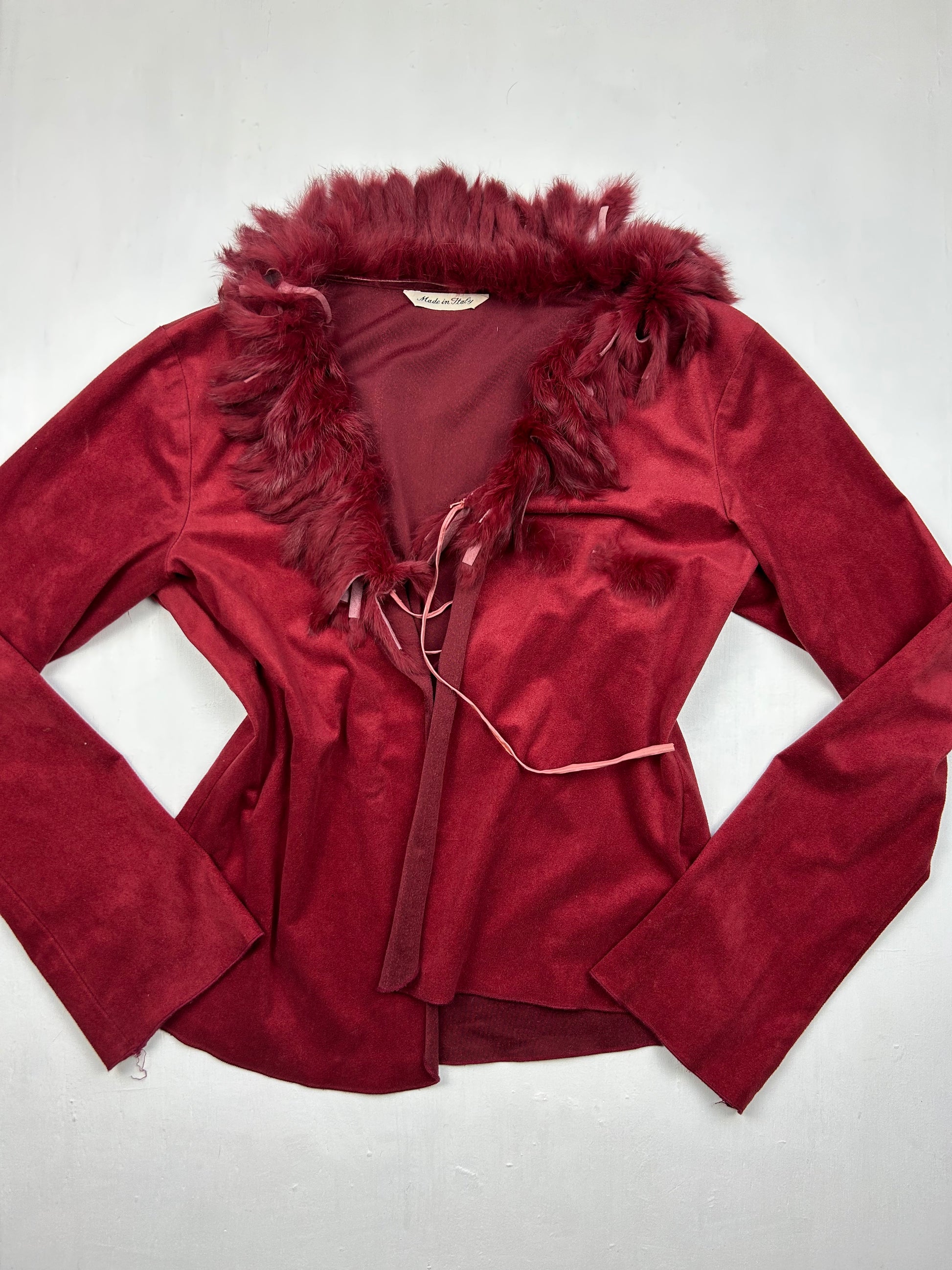 Burgundy red suede cami top + fur neck cardigan (S/M)