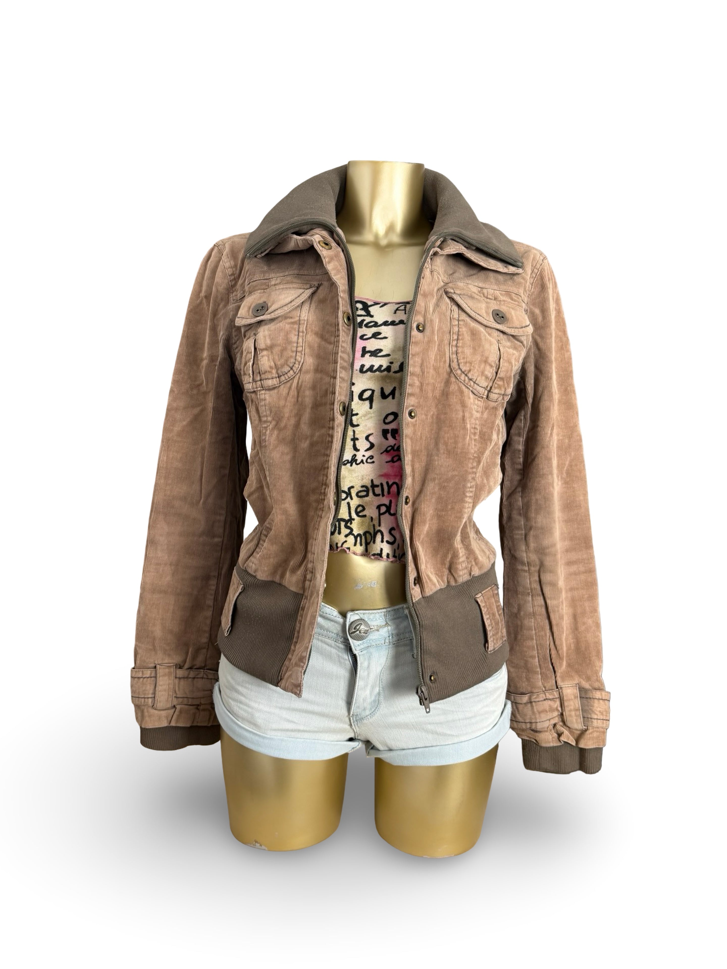 Brown ribbed denim biker jacket (L)