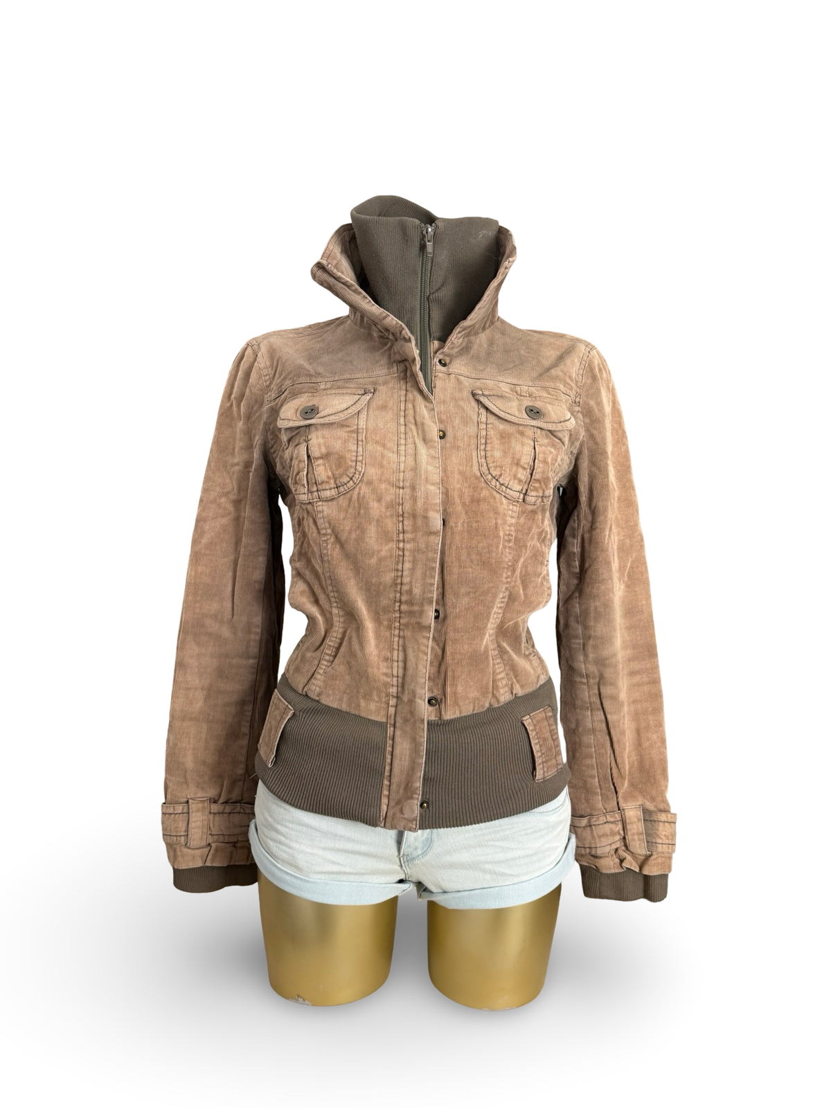 Brown ribbed denim biker jacket (L)