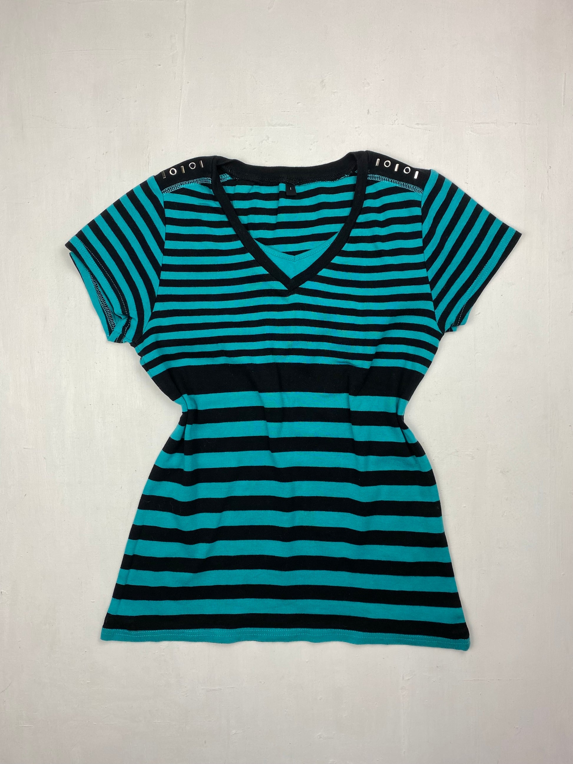Green striped V neck 100% cotton tee (S/M)
