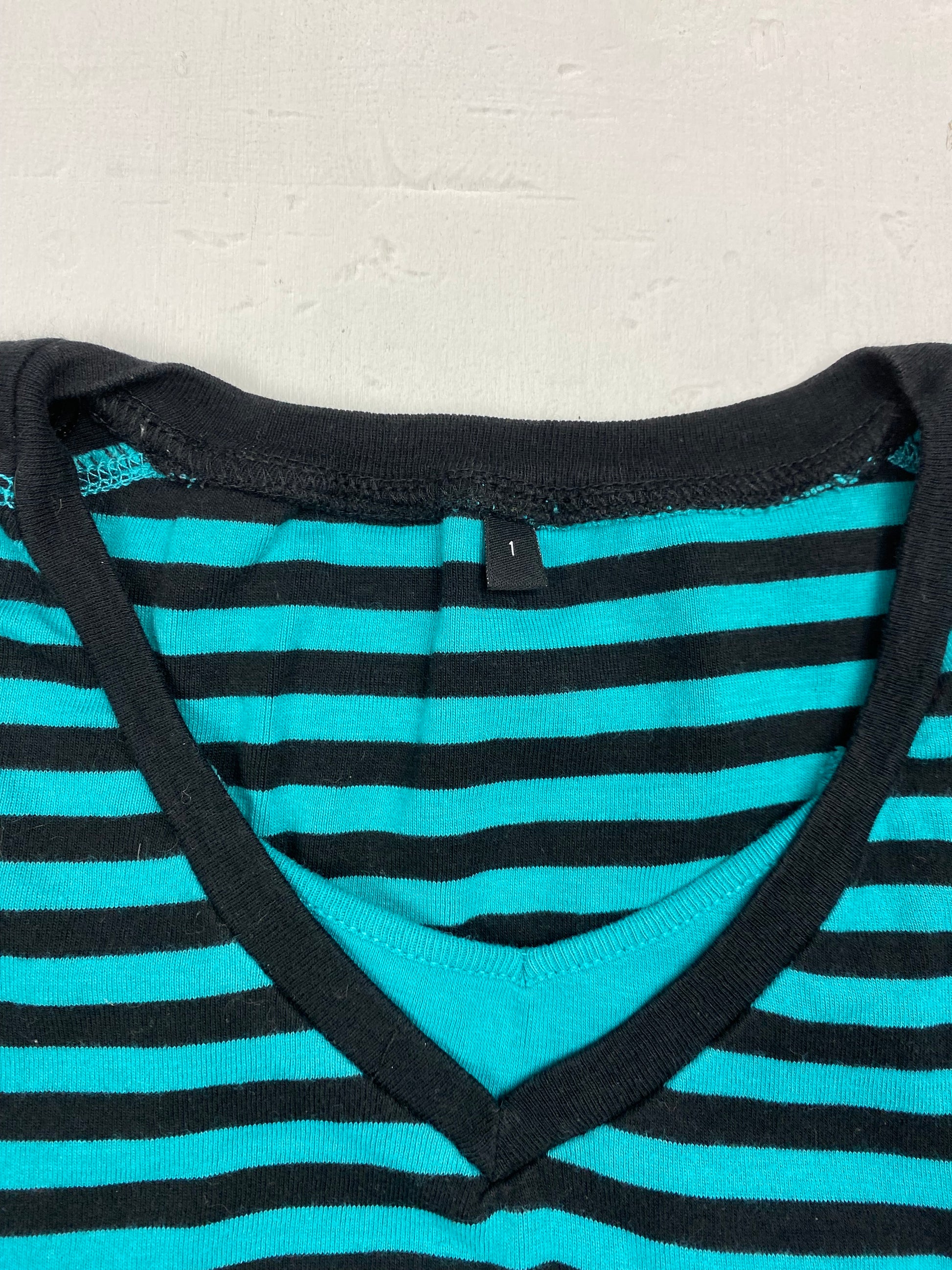 Green striped V neck 100% cotton tee (S/M)
