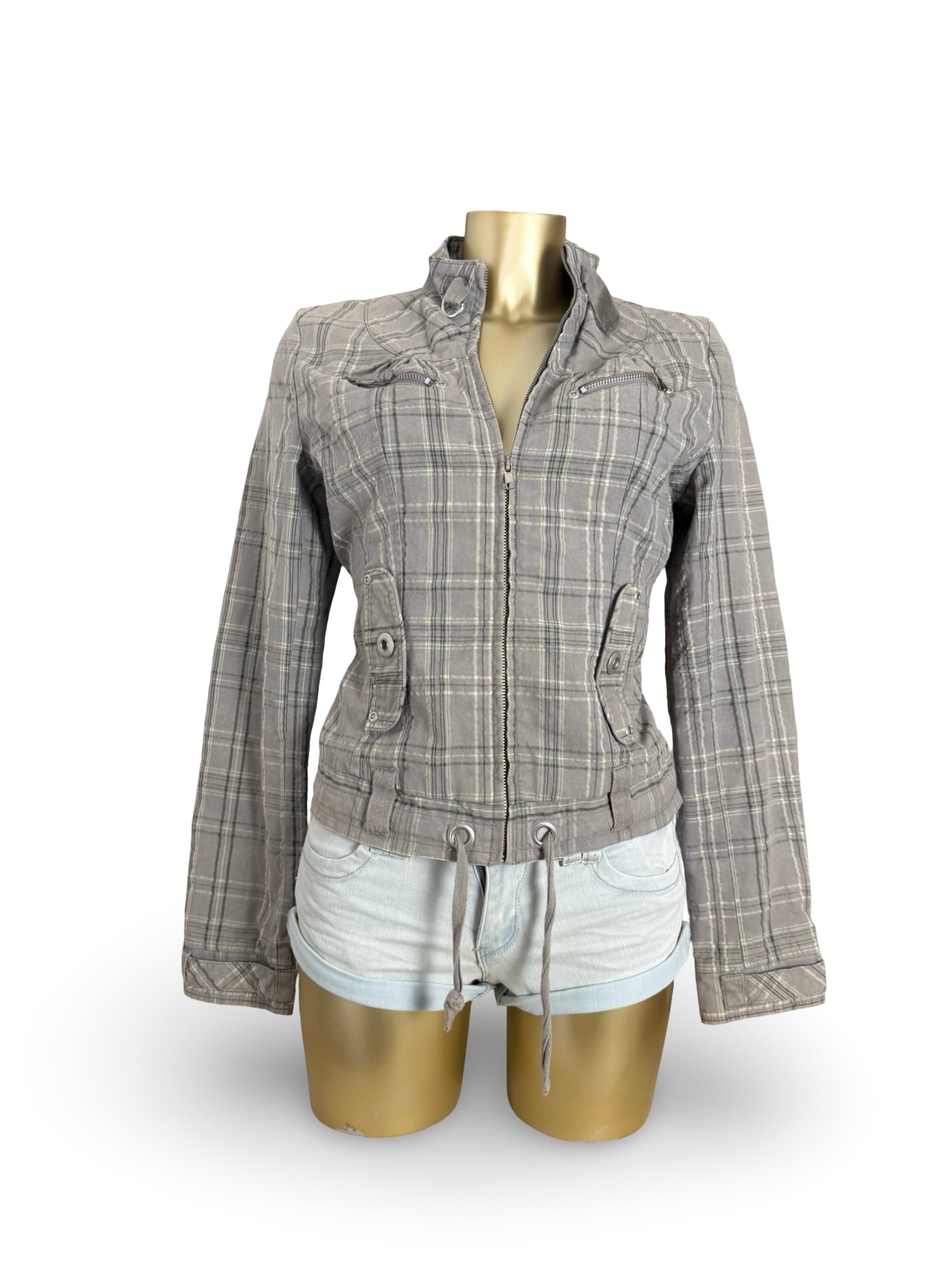 Grey check print zip up jacket (M)
