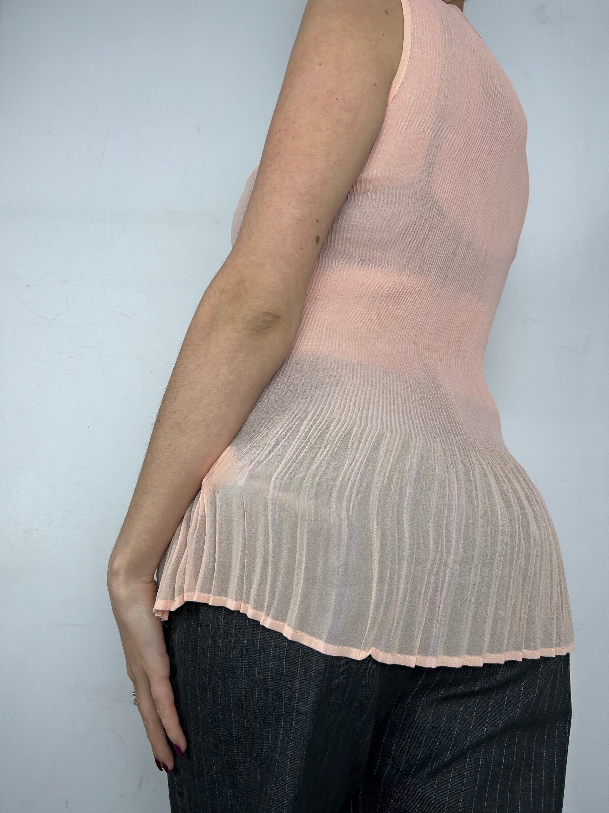 Beige / peach mesh pleated lace up tank top (M)