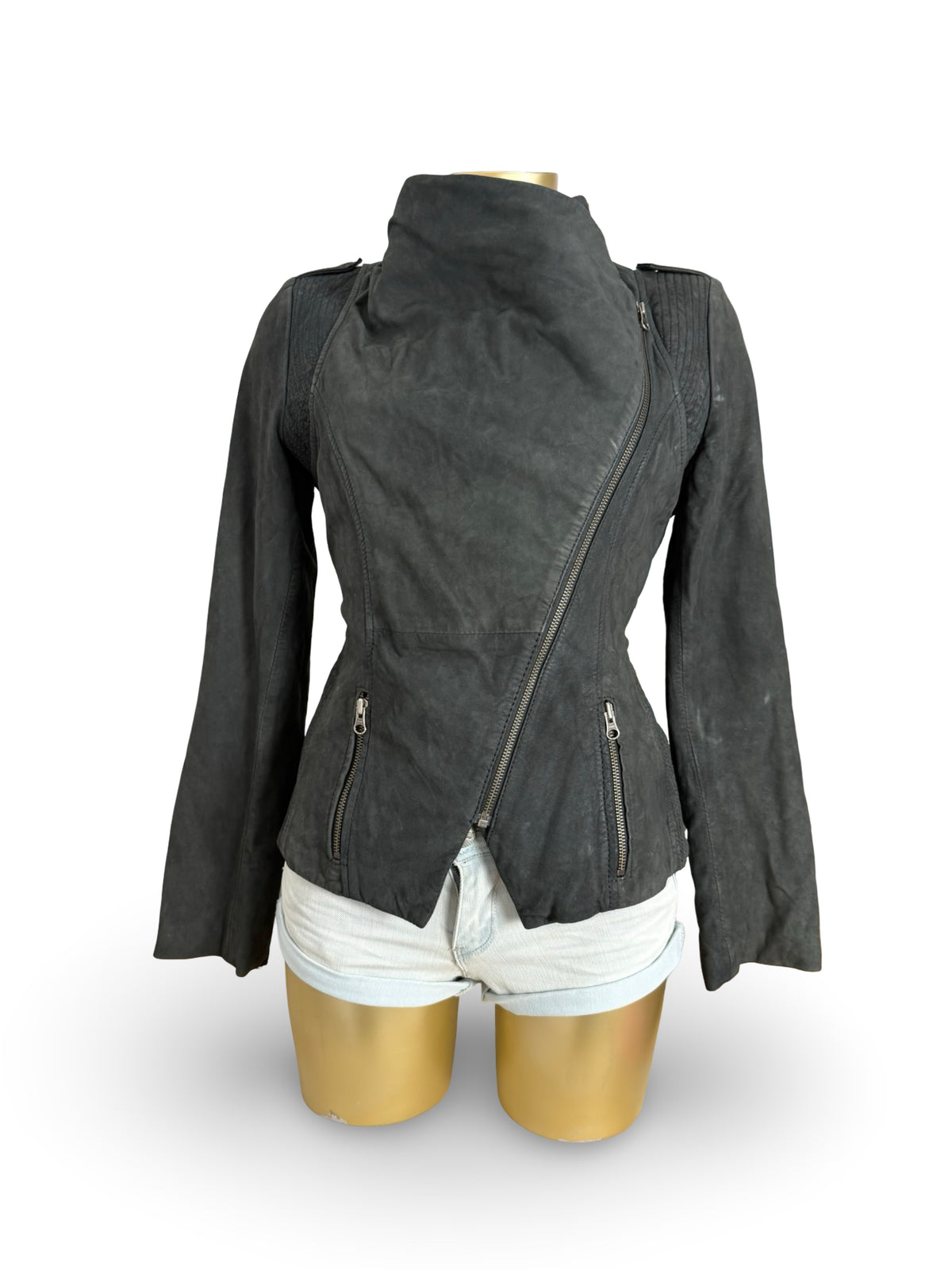 Black real suede leather funnel jacket (M)