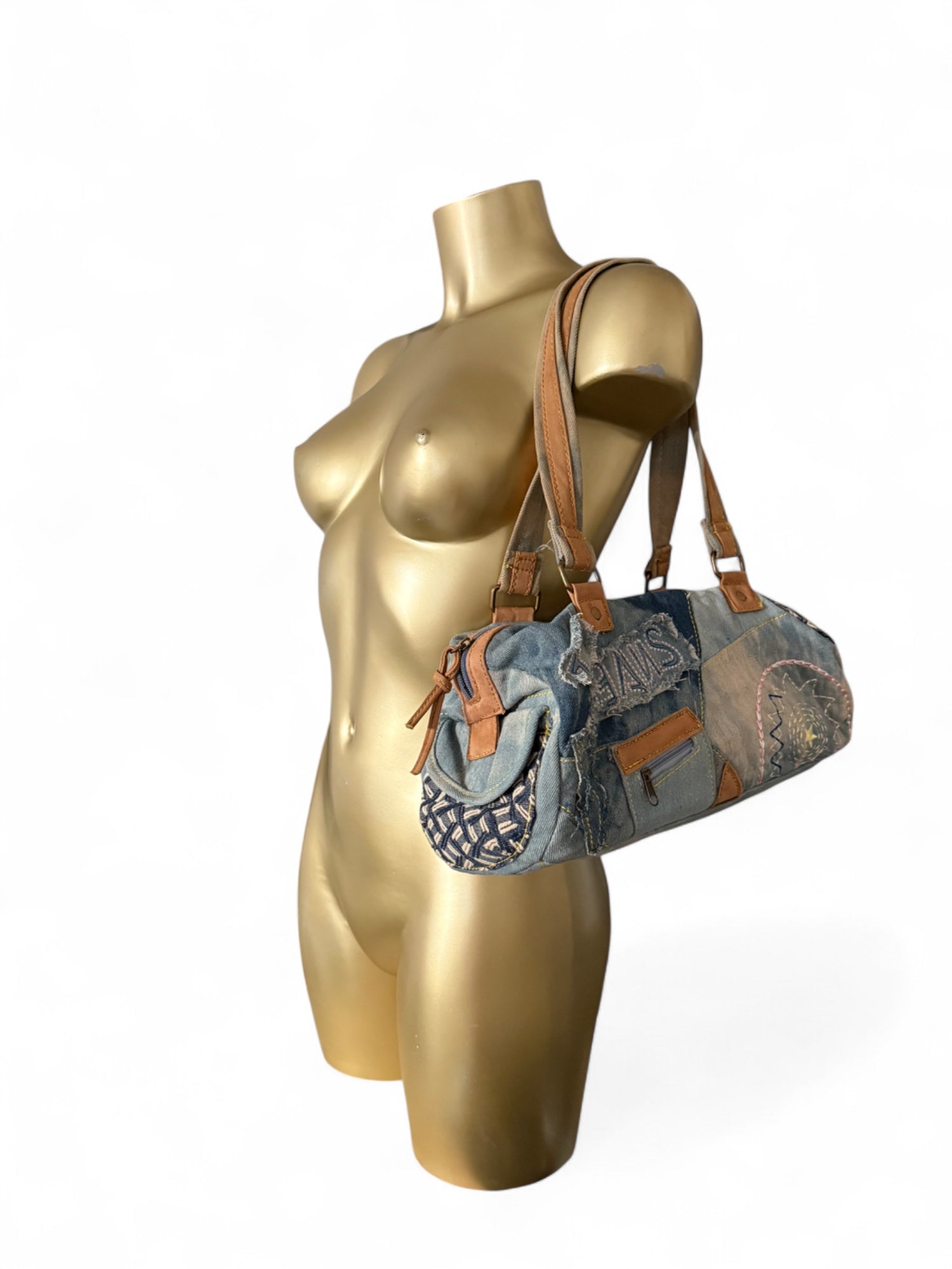 Denim graphic shoulder bag