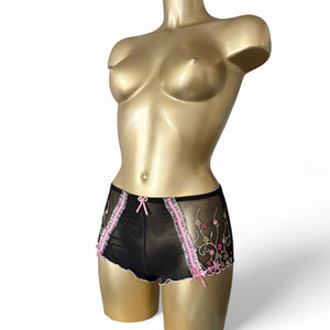 Black embroidered low rise mini shorty (S/M)
