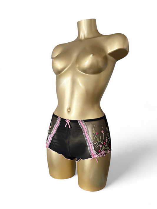 Black embroidered low rise mini shorty (S/M)