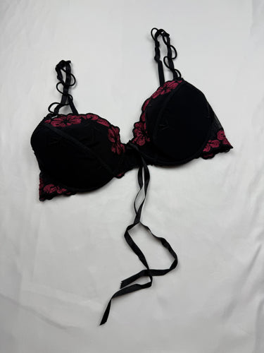 Black & brugundy mesh floral print balcony bra