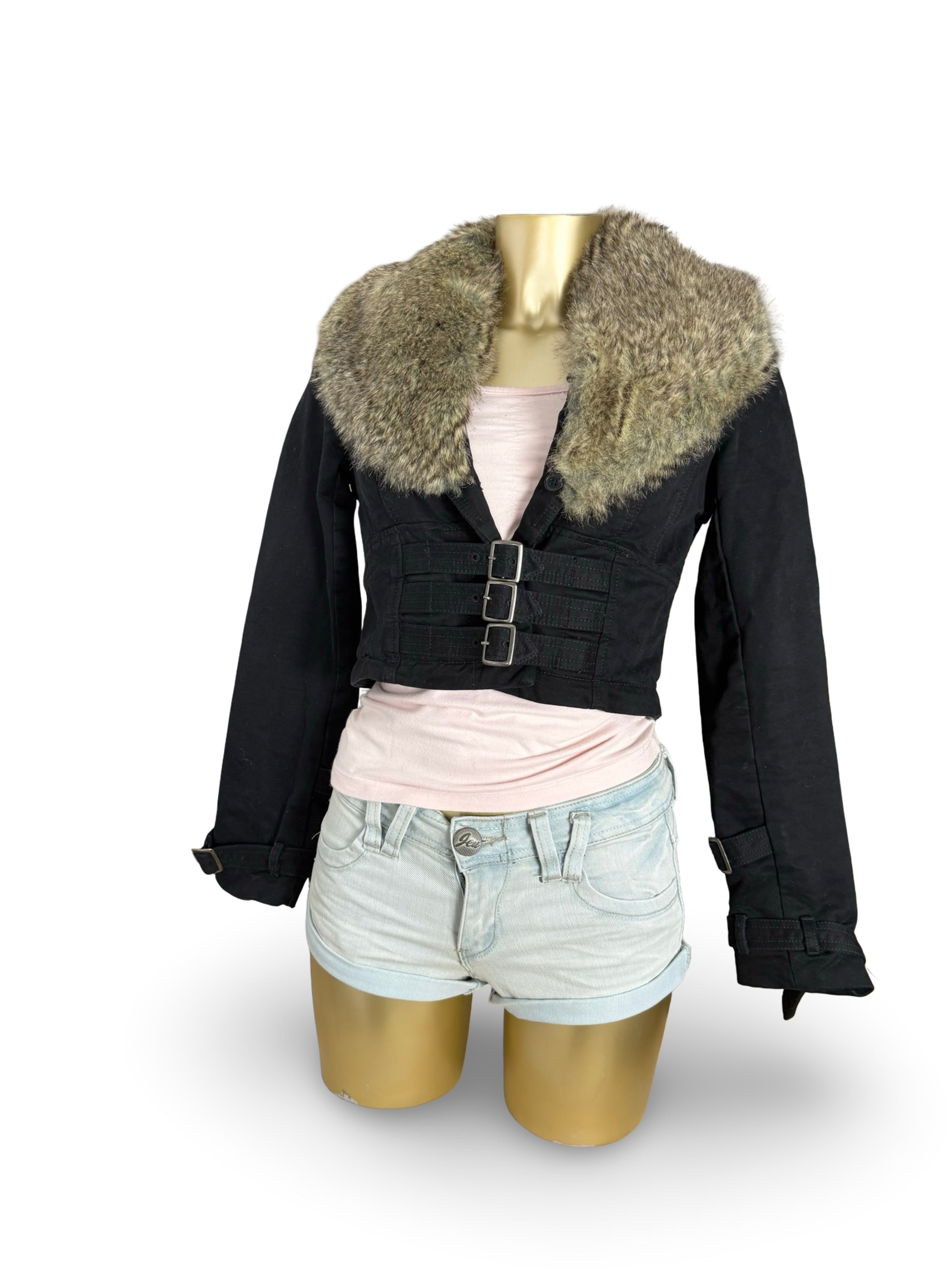 Black faux fur trim crop biker jacket (S)