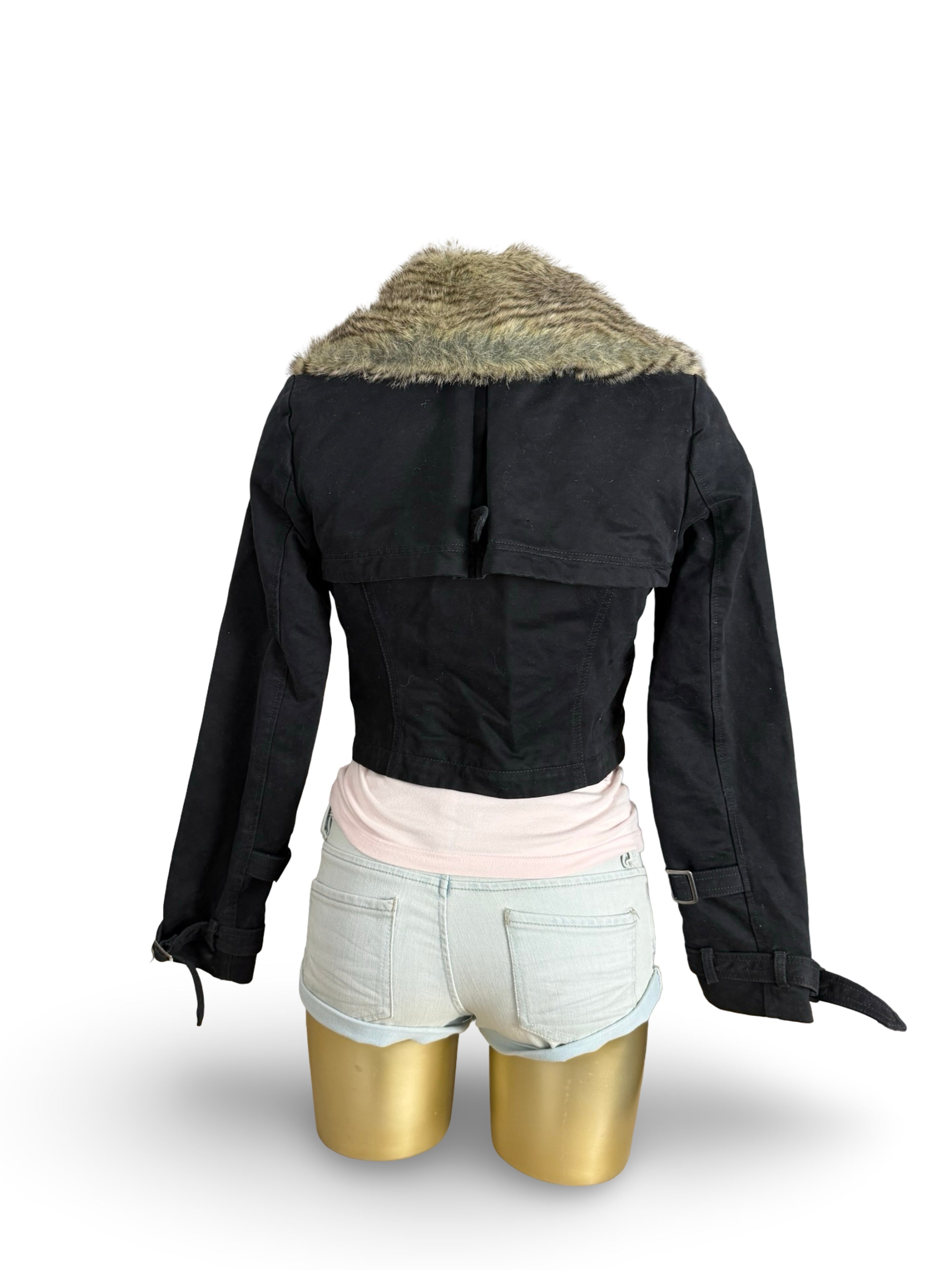 Black faux fur trim crop biker jacket (S)