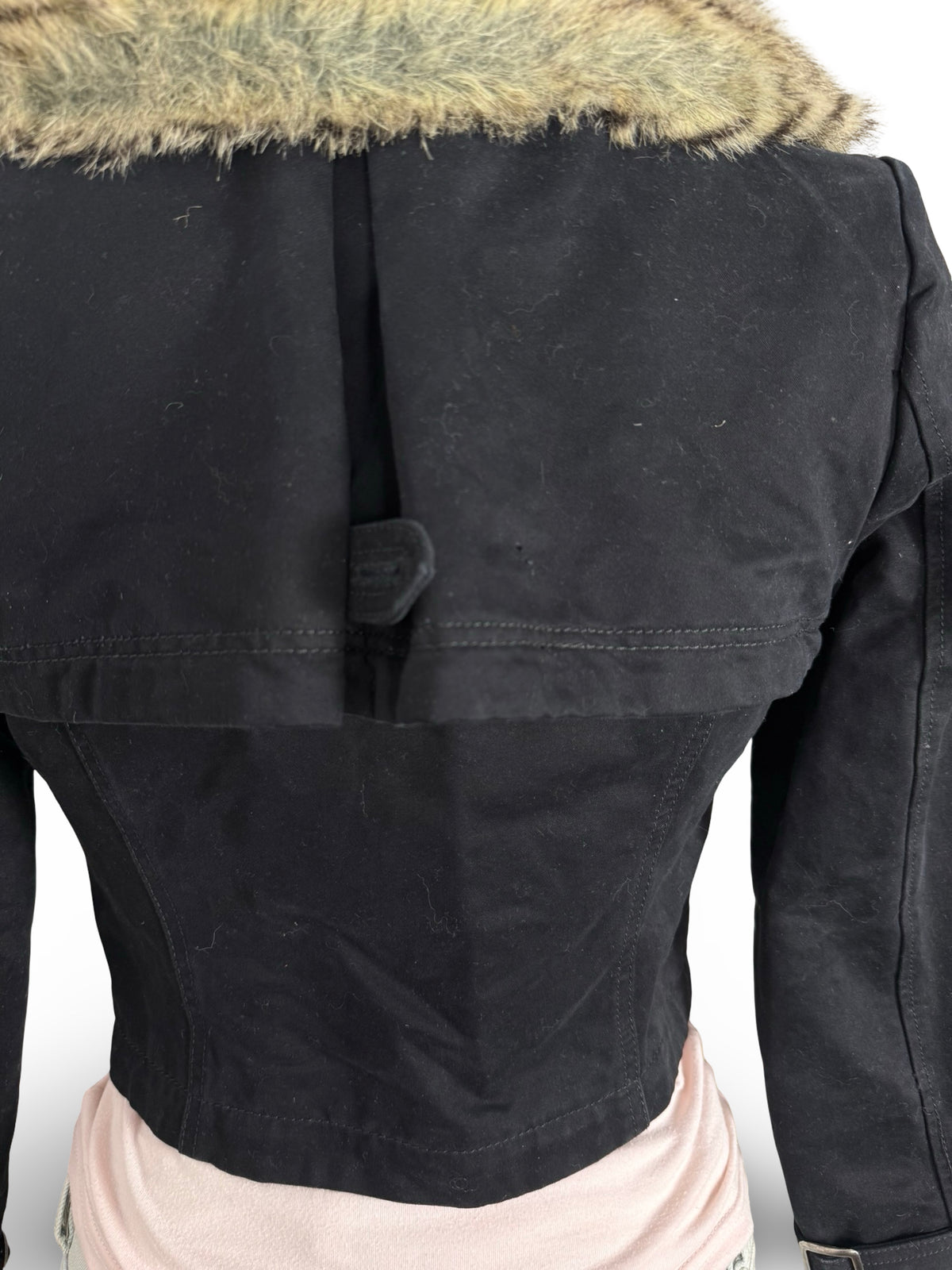 Black faux fur trim crop biker jacket (S)
