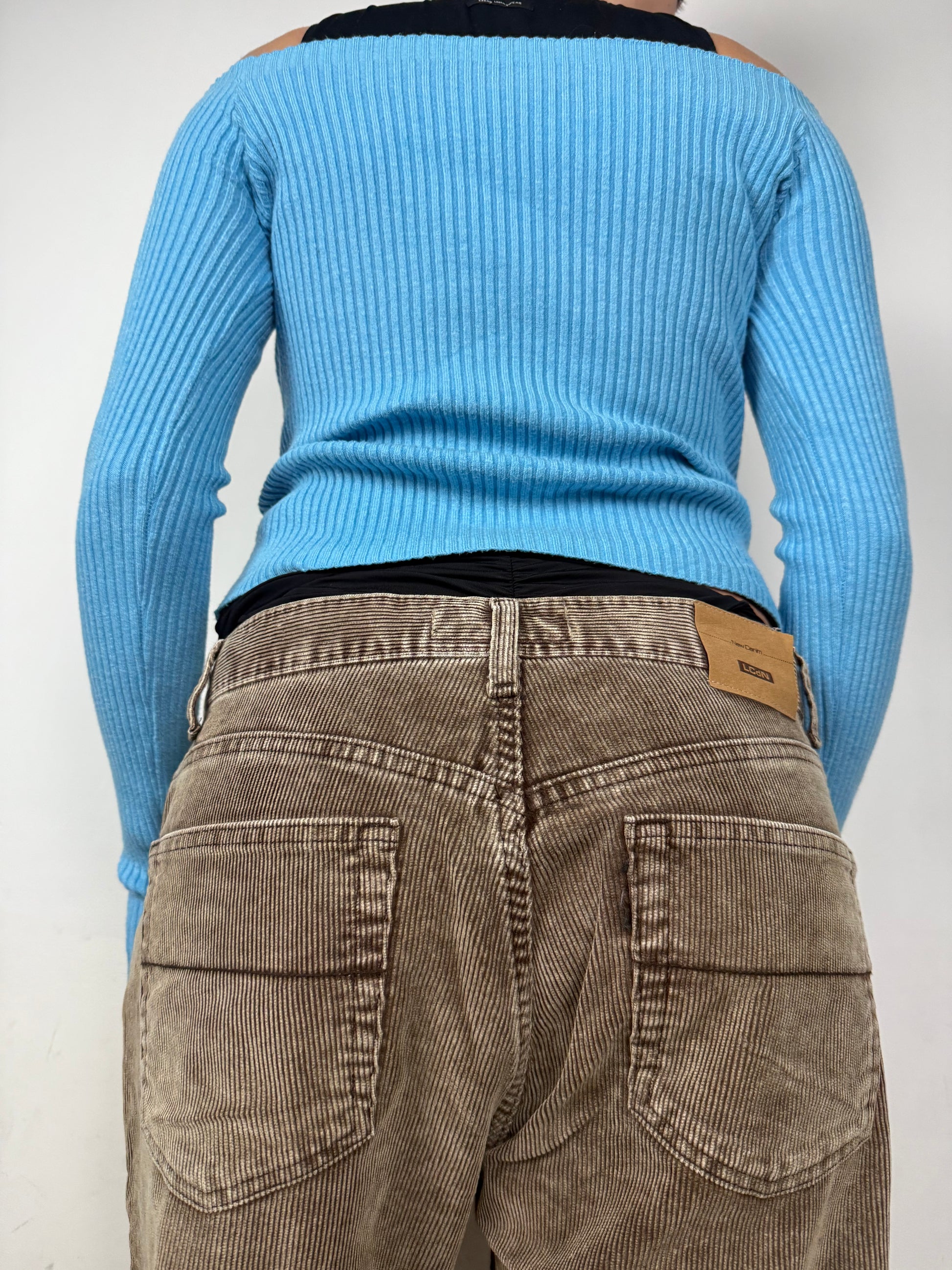 Blue ribbed off shoulders tight fit jumper (S/M)