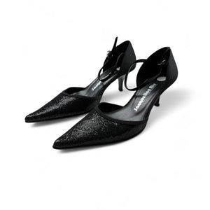 Black glitters pointed toes kitten heels shoes (37)