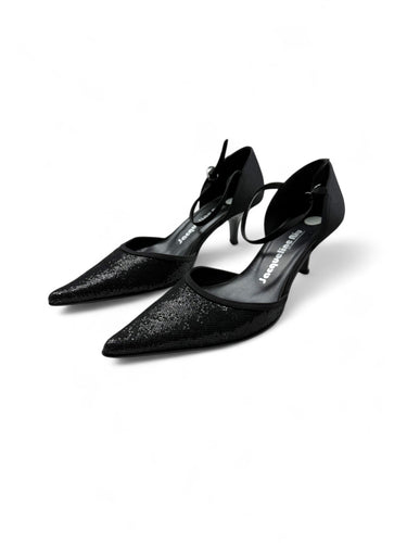 Black glitters pointed toes kitten heels shoes (37)
