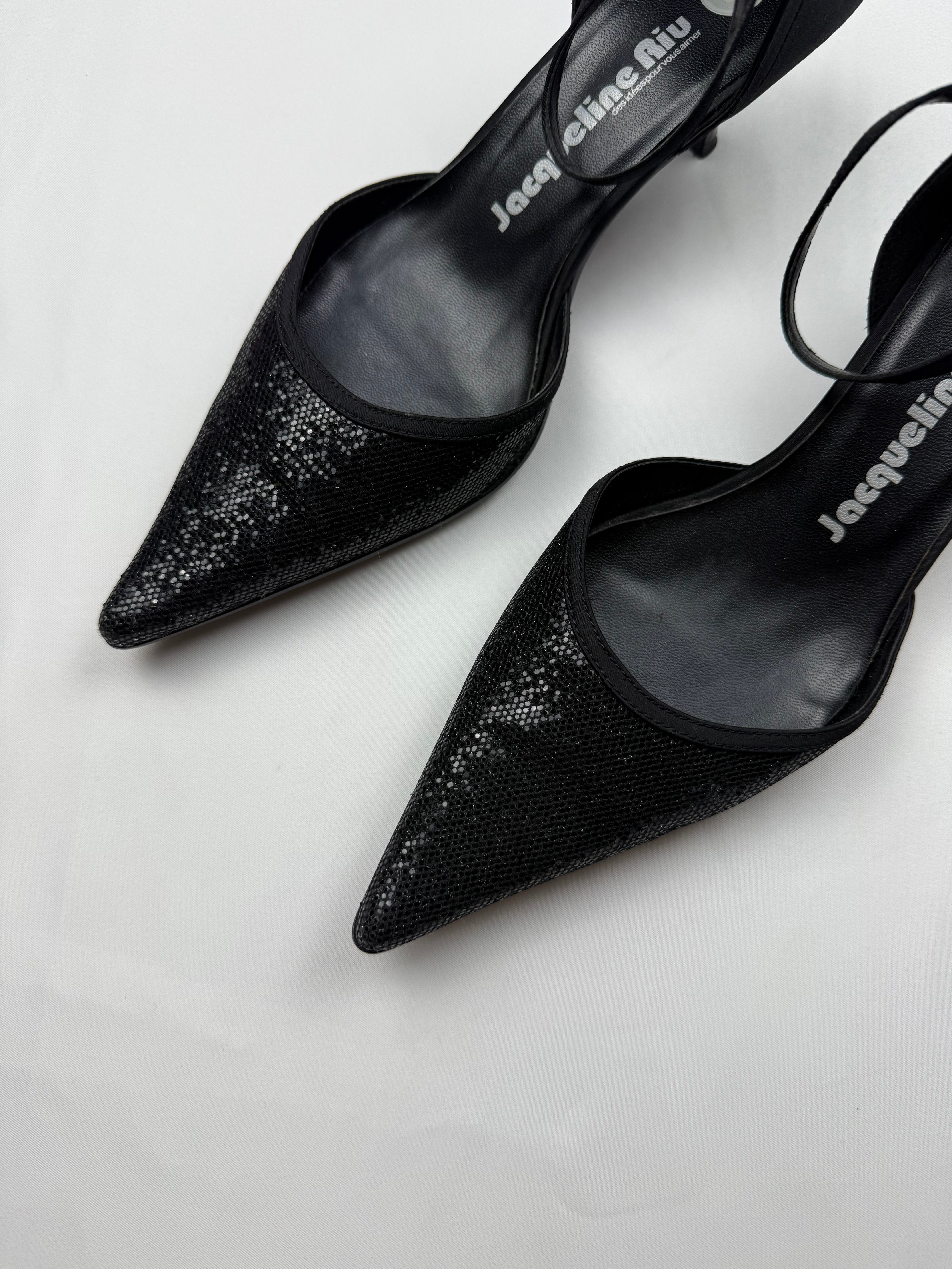 Black glitters pointed toes kitten heels shoes (37)