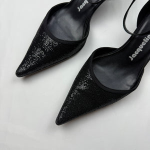 Black glitters pointed toes kitten heels shoes (37)